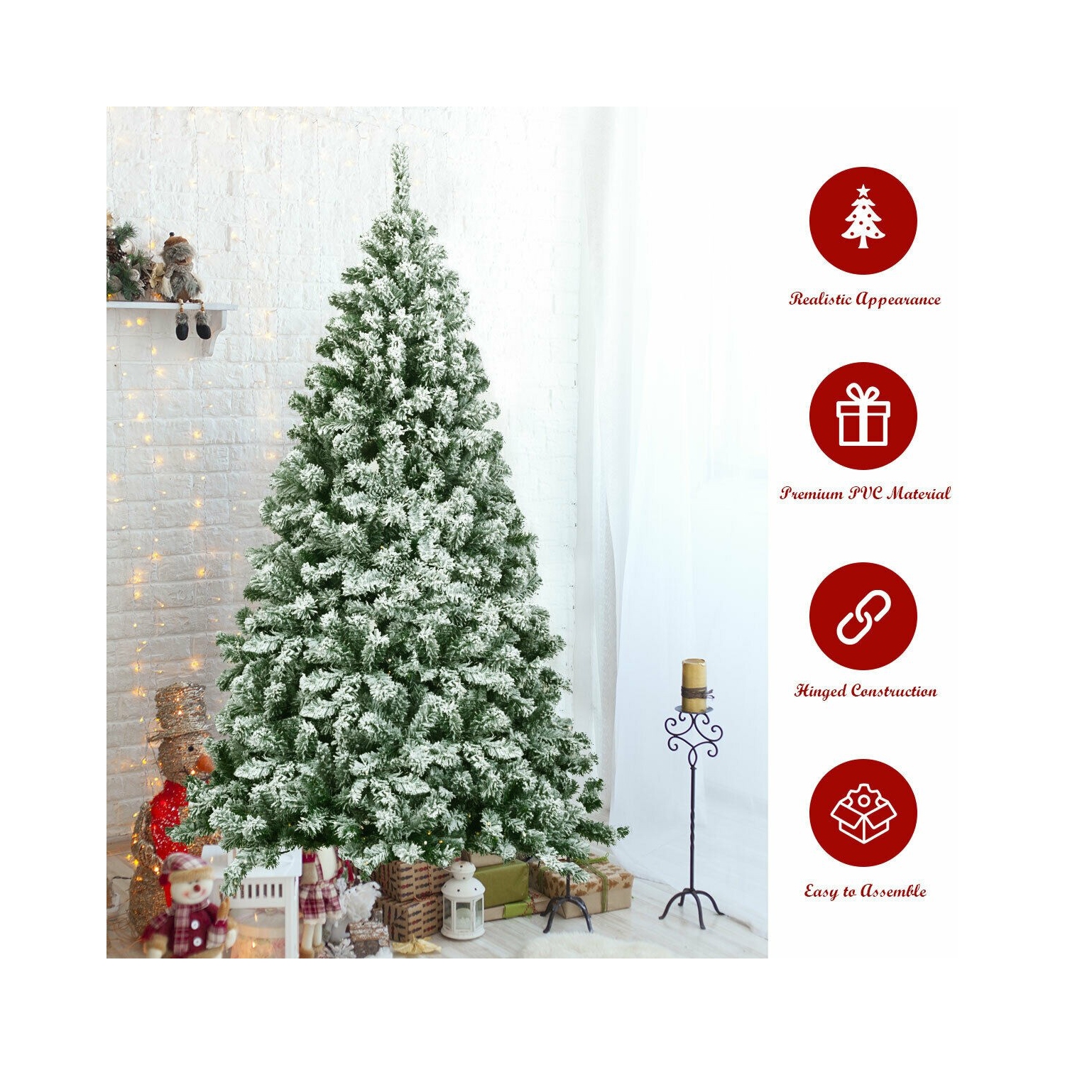 Snow Flocked Hinged Christmas Tree with 928 Tips, Full Artificial Tree for Indoors
