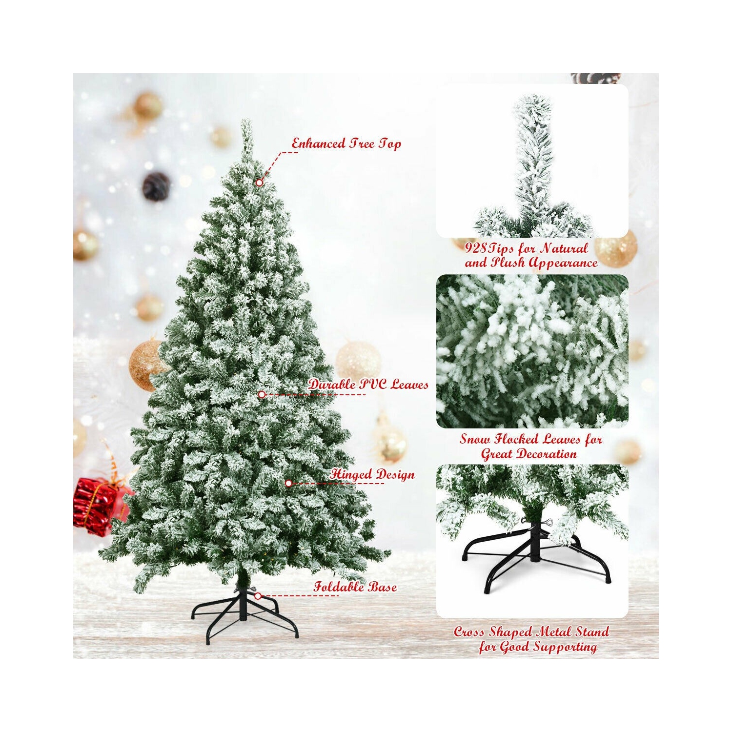 Snow Flocked Hinged Christmas Tree with 928 Tips, Full Artificial Tree for Indoors