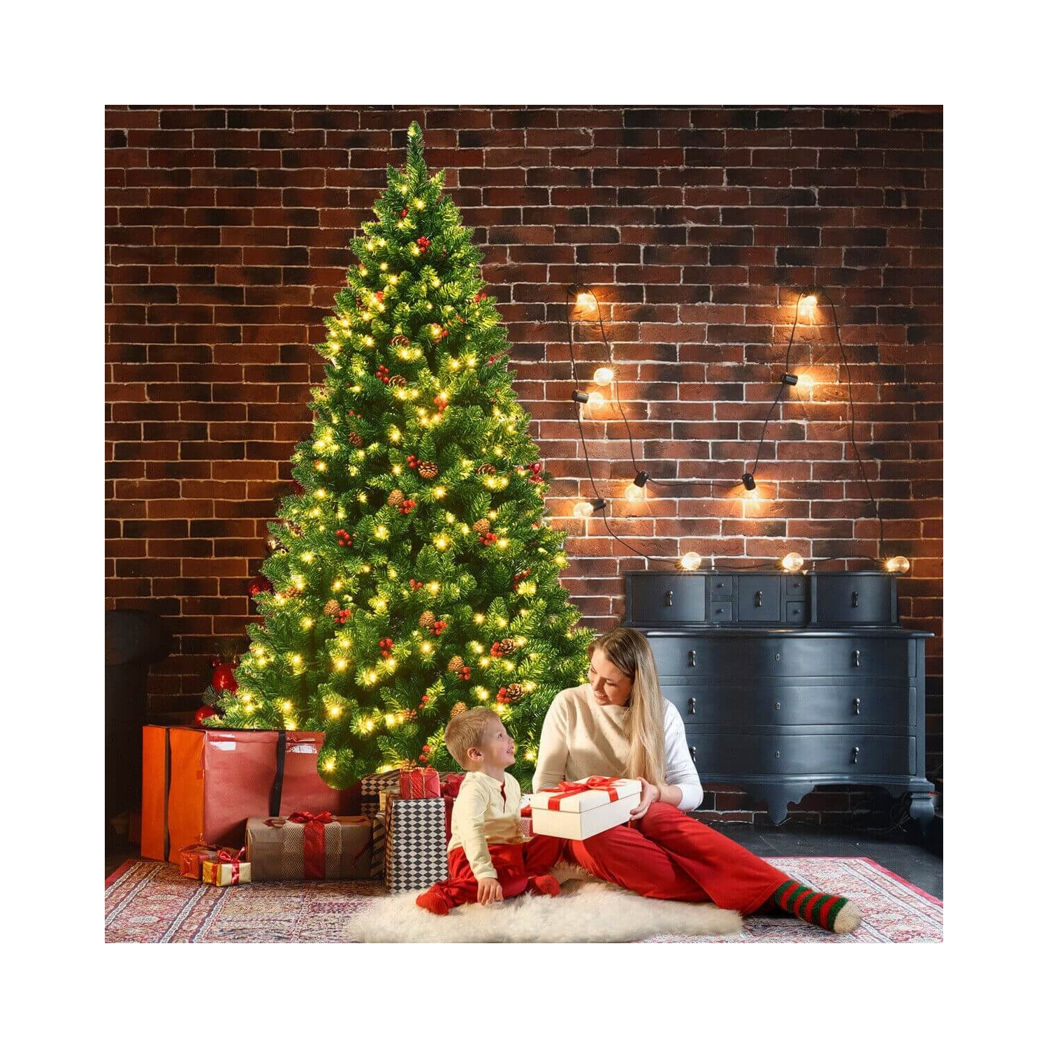 Hinged Artificial Christmas Tree with Built-In LED Lights, Simple Holiday Display