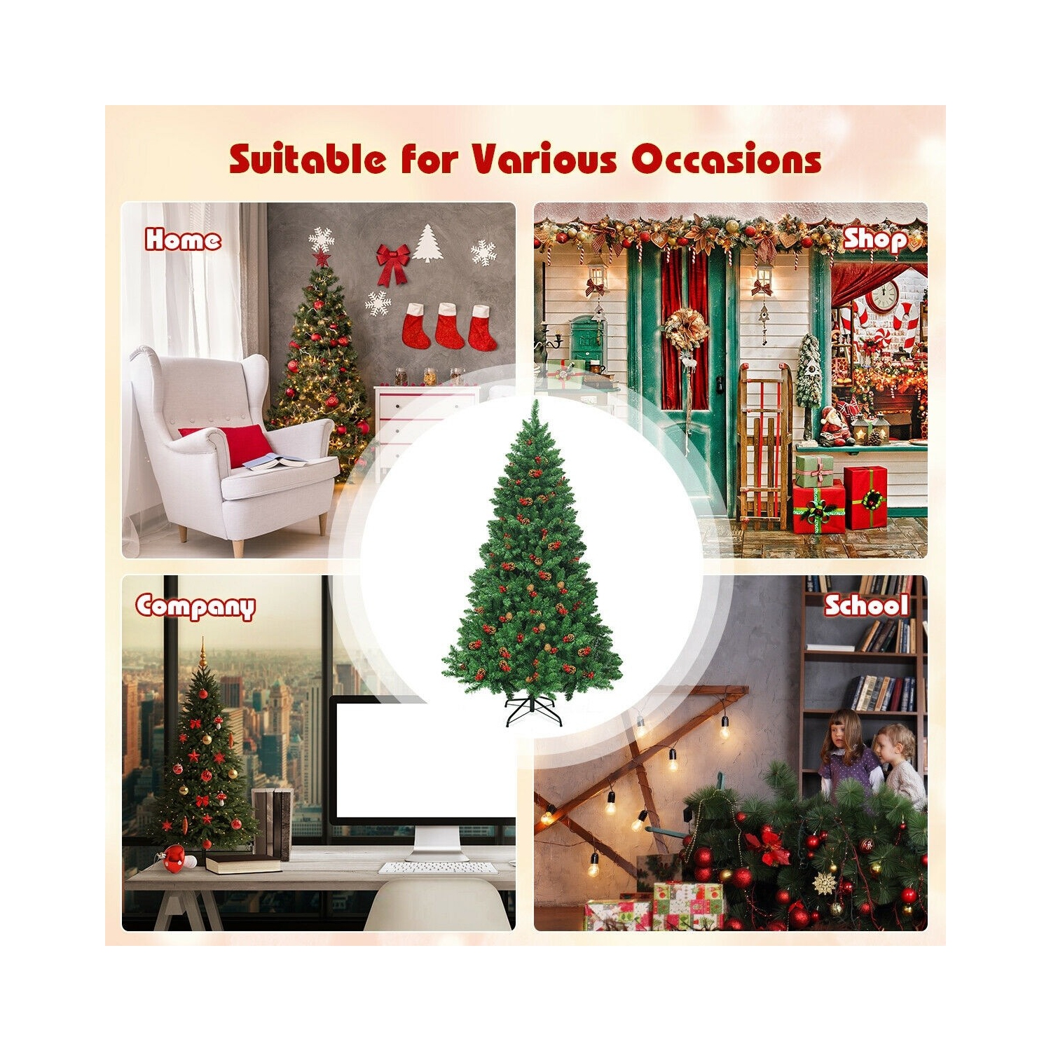 Hinged Artificial Christmas Tree with Built-In LED Lights, Simple Holiday Display