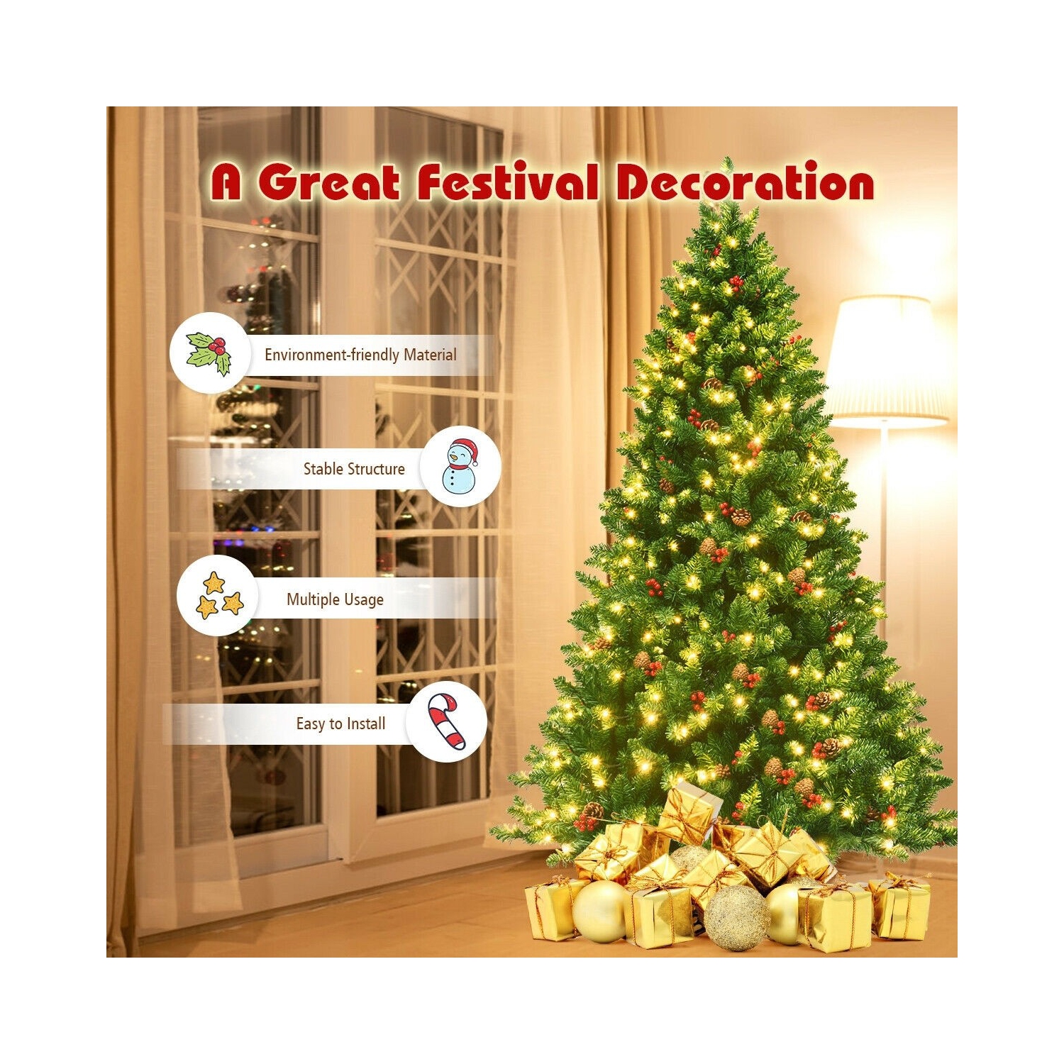 Hinged Artificial Christmas Tree with Built-In LED Lights, Simple Holiday Display