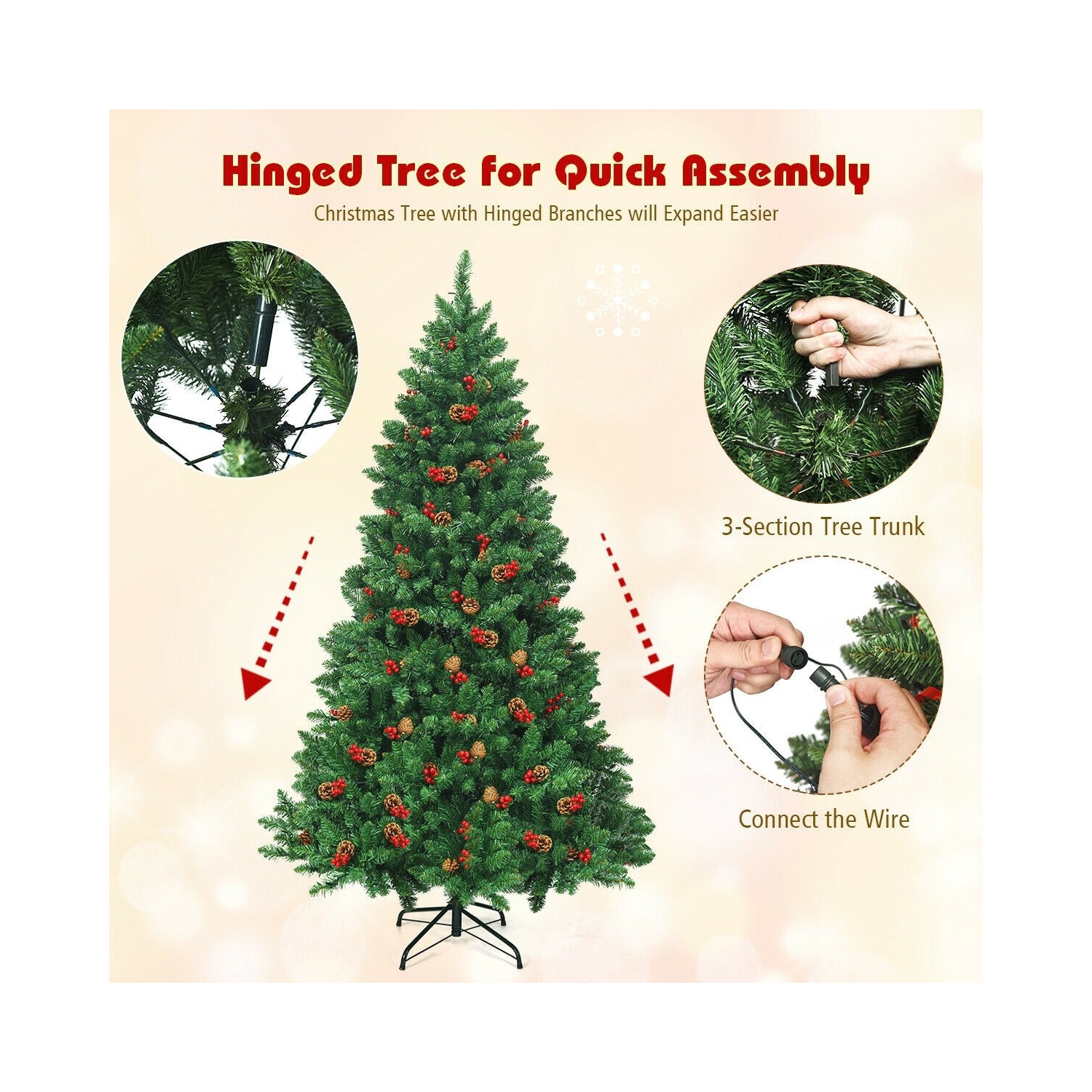 Hinged Artificial Christmas Tree with Built-In LED Lights, Simple Holiday Display