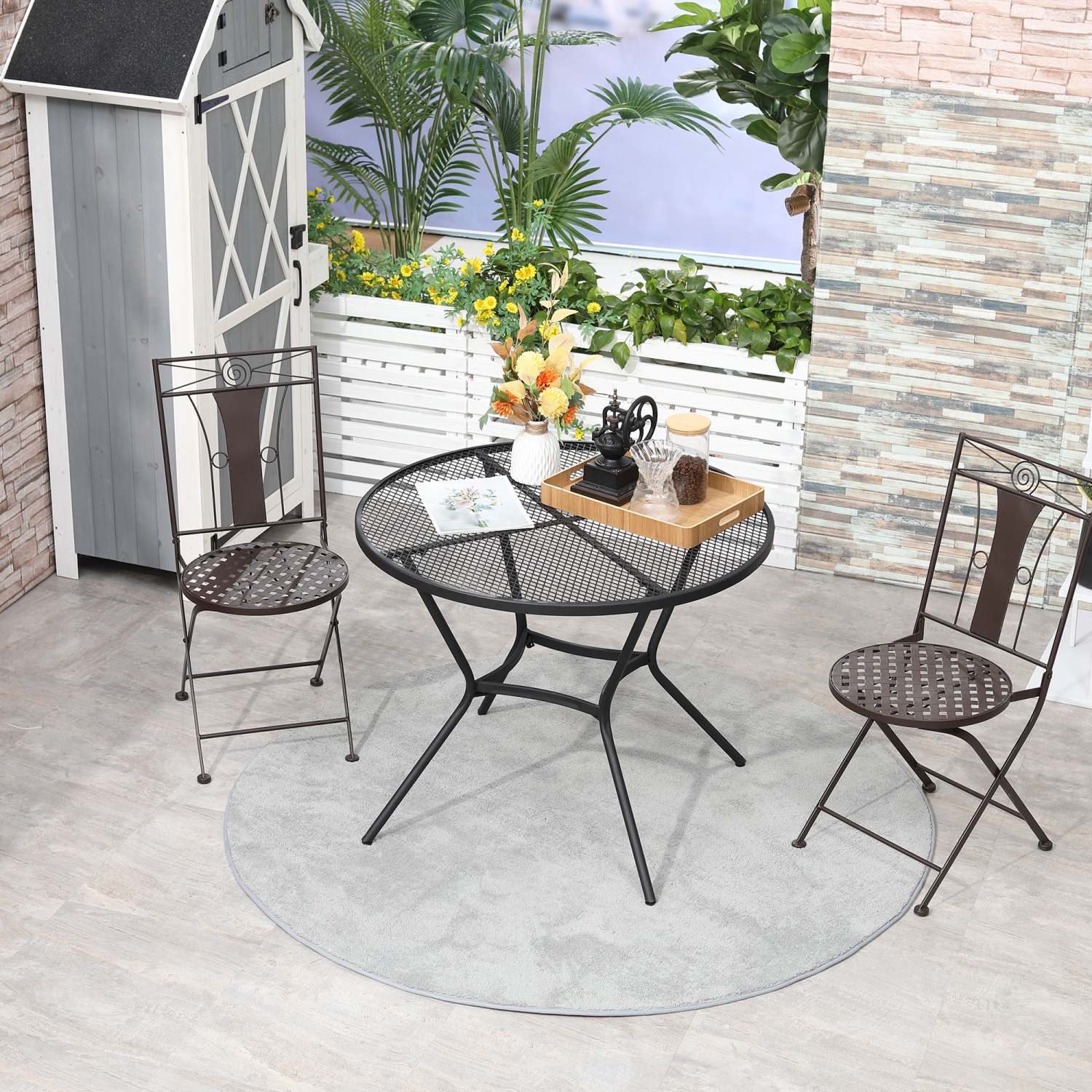 Outsunny 35" Table à manger ronde en métal avec plateau en maille pour jardin, cour, piscine, noir