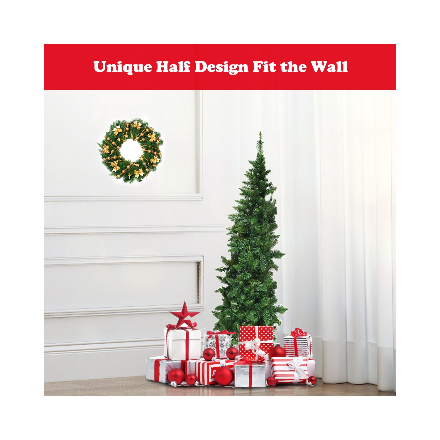Demi-arbre de Noël illuminé avec 8 modes de flash, arbre de Noël artificiel qui sauve les murs