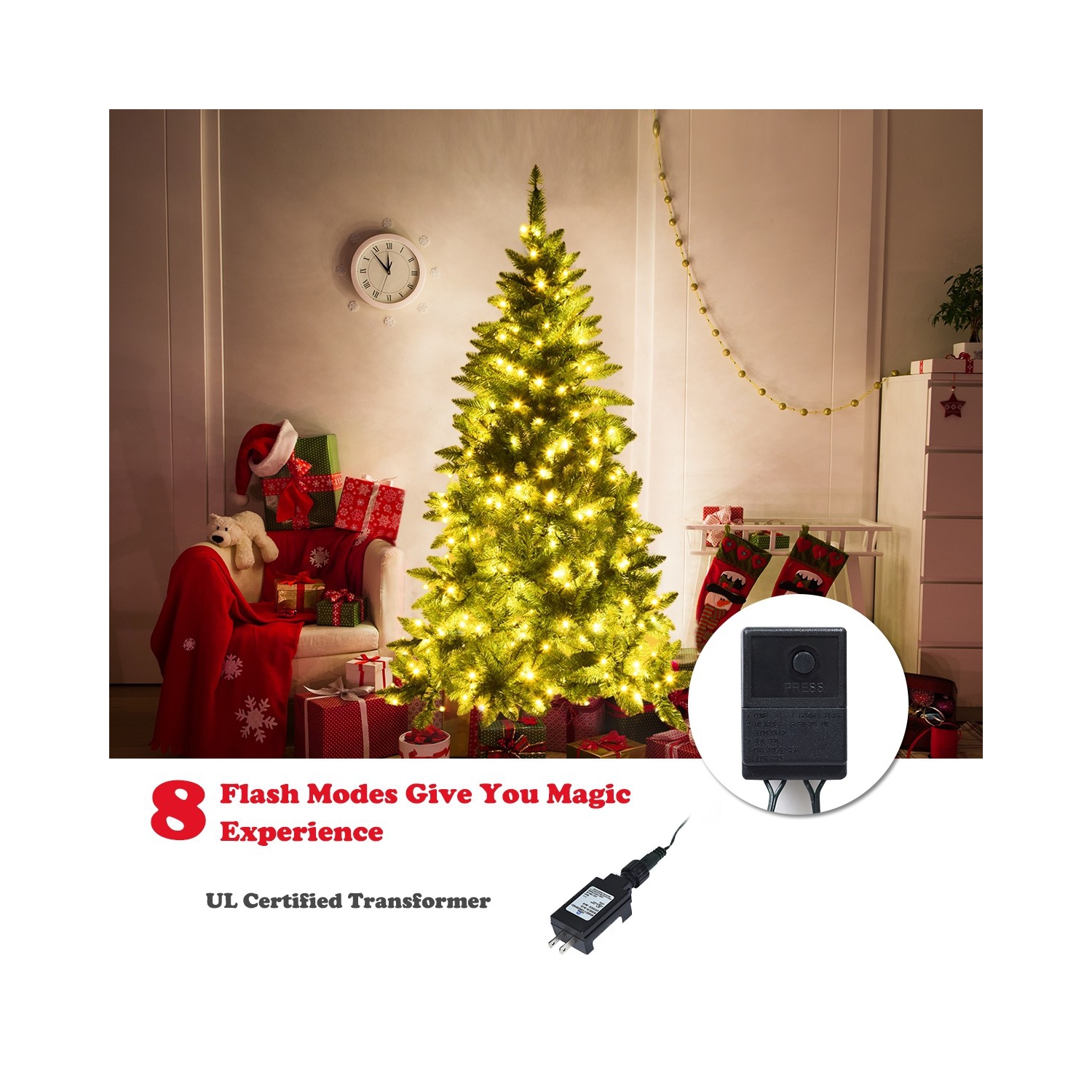 Demi-arbre de Noël illuminé avec 8 modes de flash, arbre de Noël artificiel qui sauve les murs