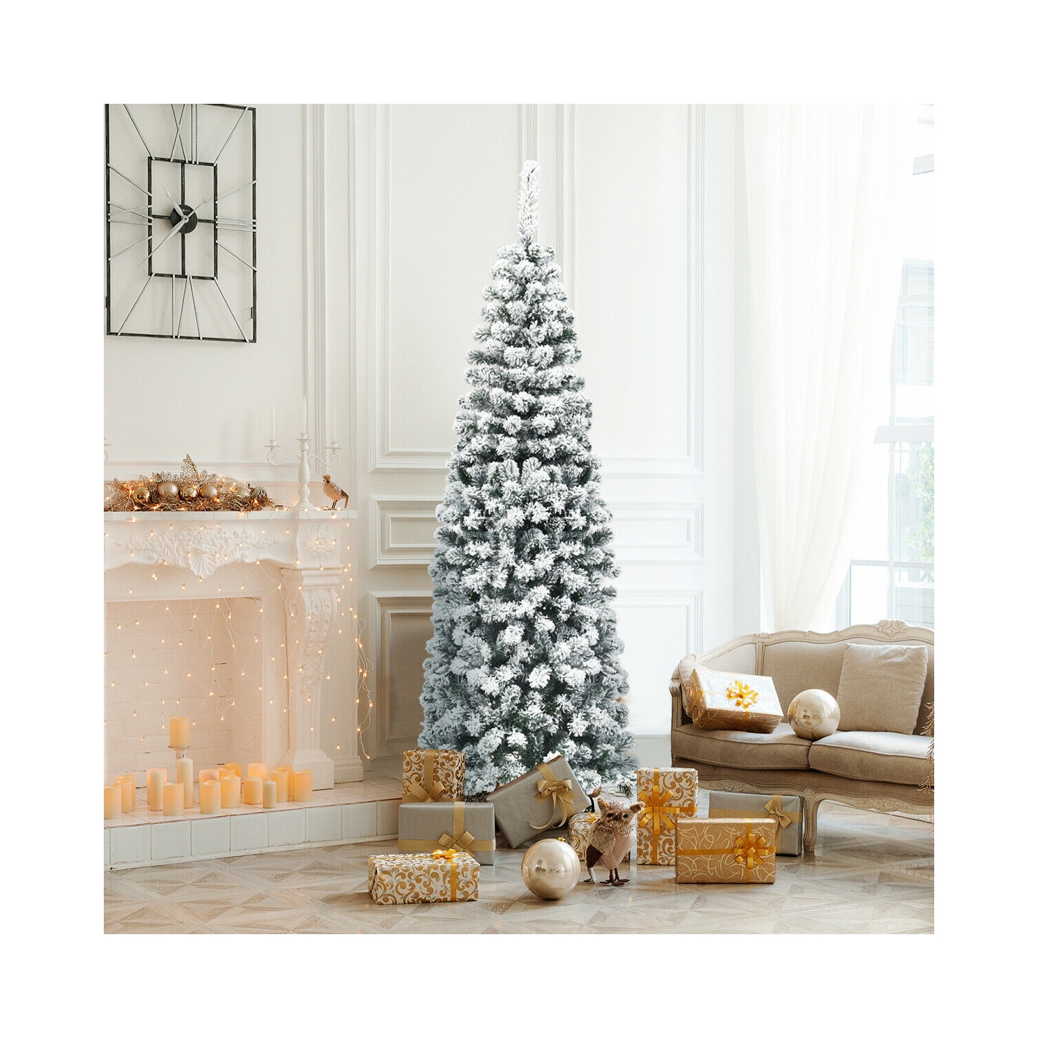 Arbre à crayons artificiel mince floqué avec 500 pointes, motif de Noël sans lumières à charnières