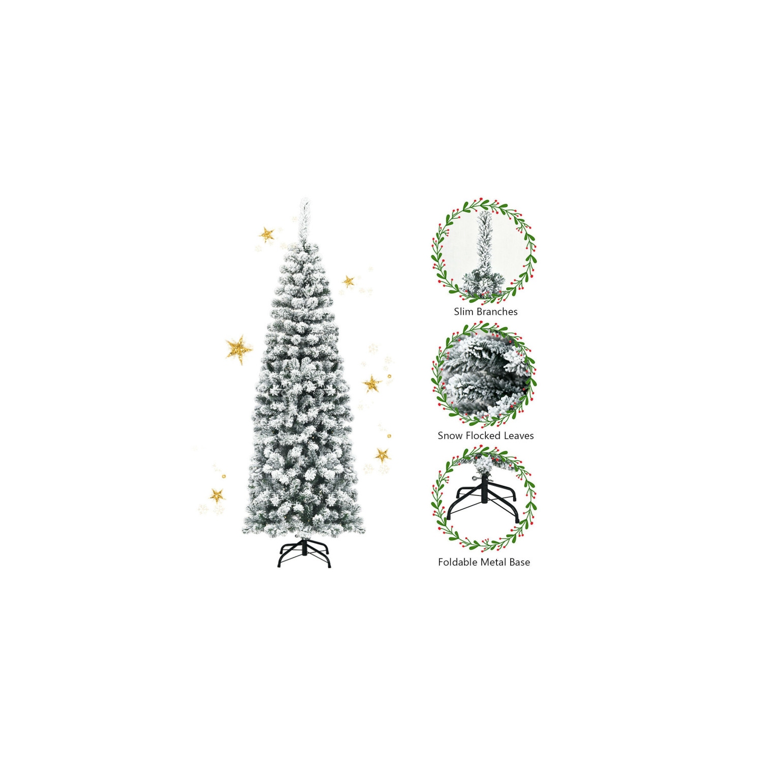 Arbre à crayons artificiel mince floqué avec 500 pointes, motif de Noël sans lumières à charnières