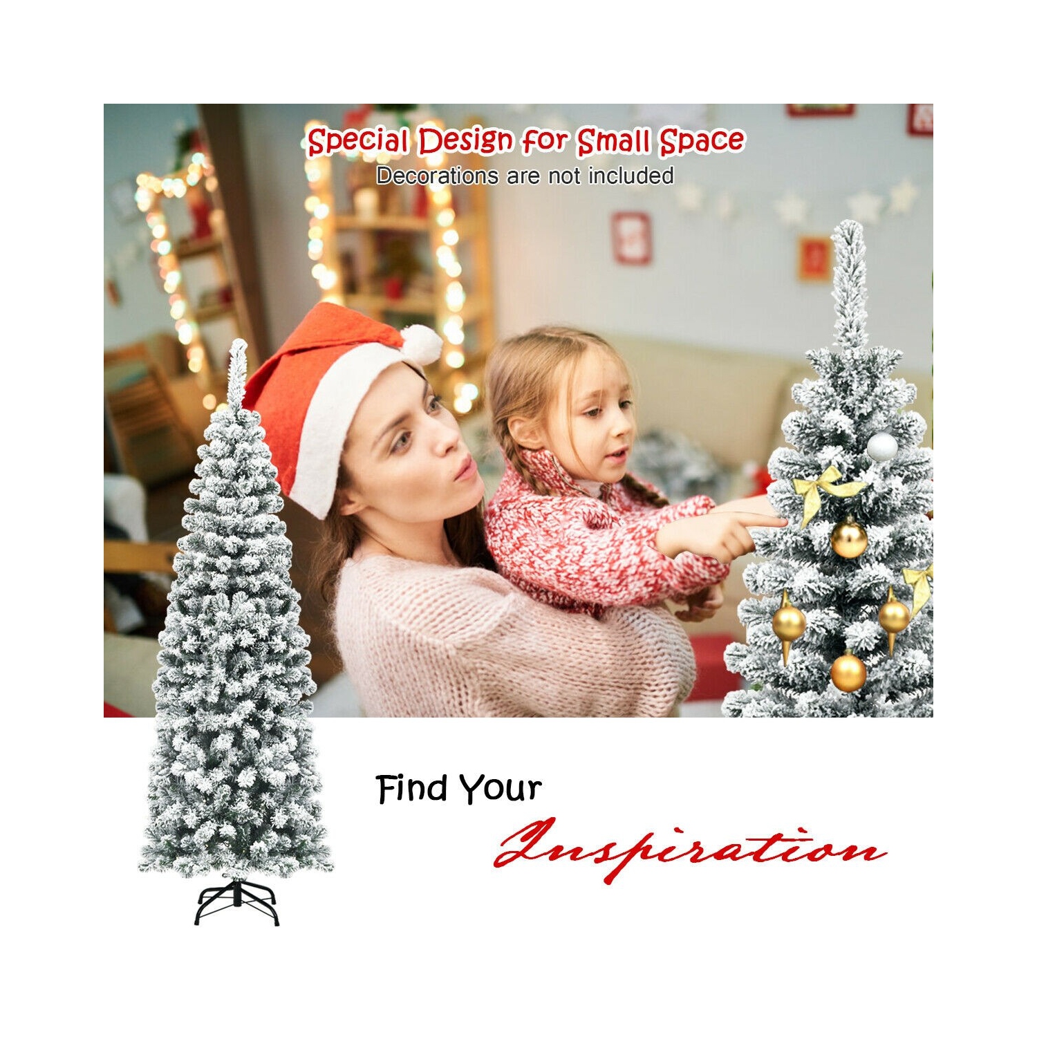 Arbre à crayons artificiel mince floqué avec 500 pointes, motif de Noël sans lumières à charnières