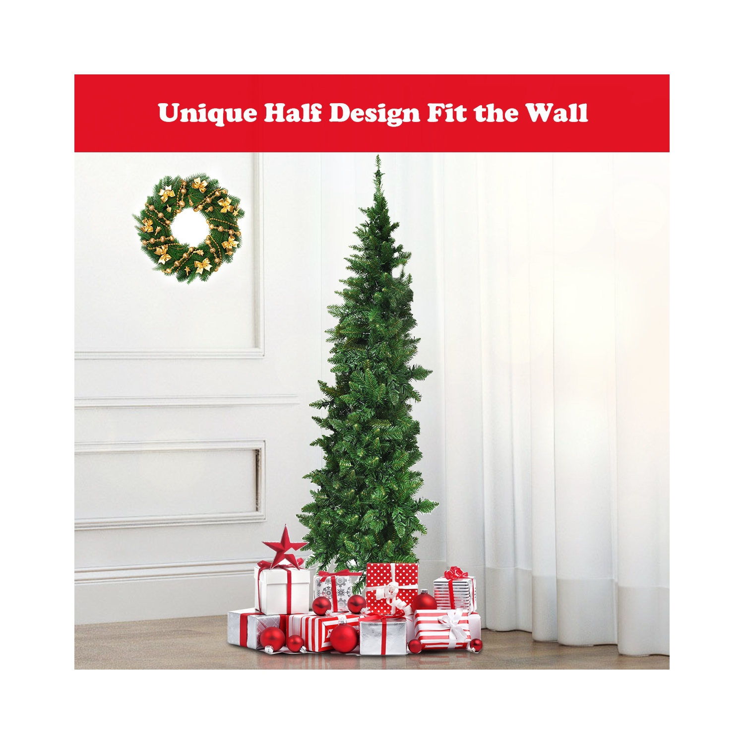 Demi-arbre de Noël illuminé avec 8 modes de flash, arbre de Noël artificiel qui sauve les murs