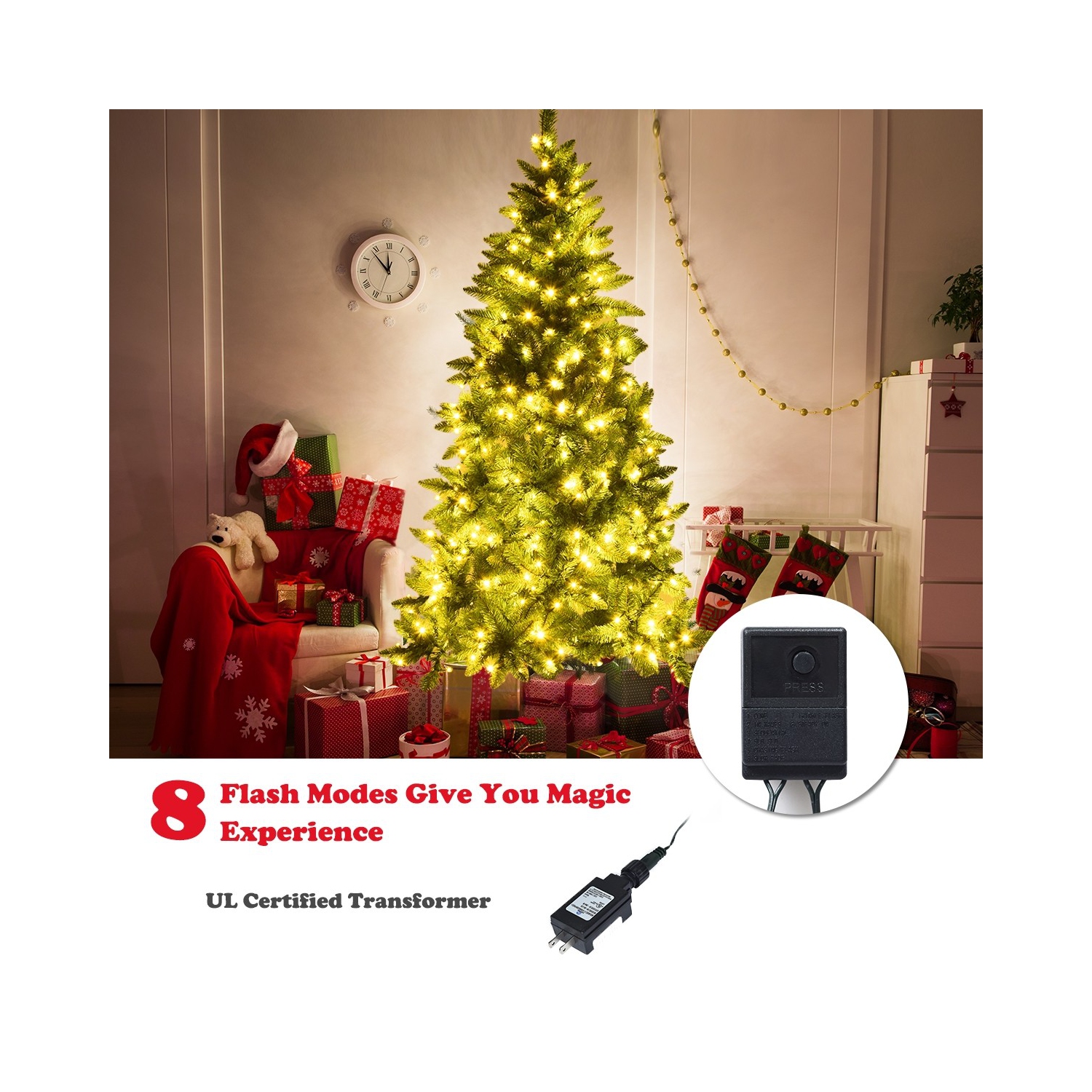 Demi-arbre de Noël illuminé avec 8 modes de flash, arbre de Noël artificiel qui sauve les murs