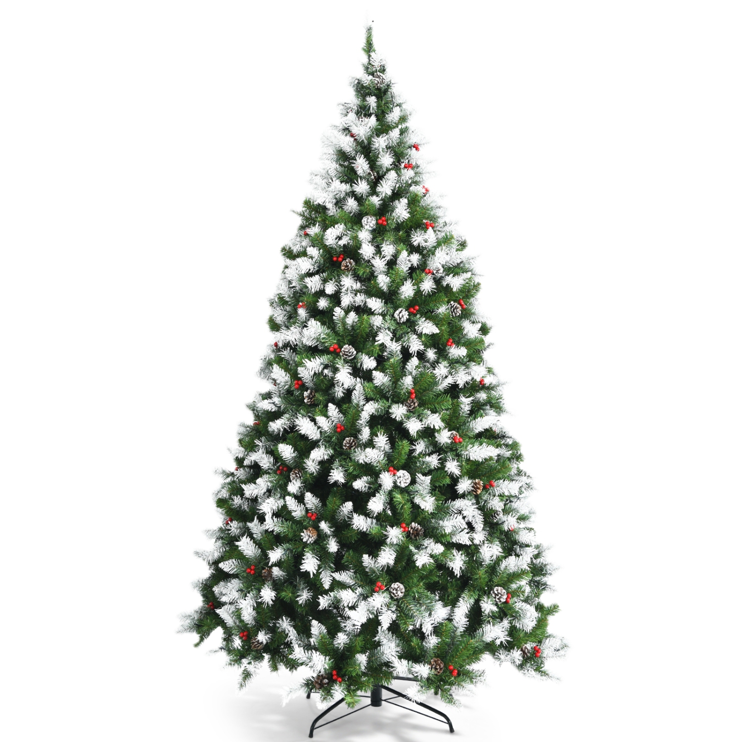 Pre-Lit Snow Flocked Christmas Tree with Red Berries and LED Lights, Festive Design