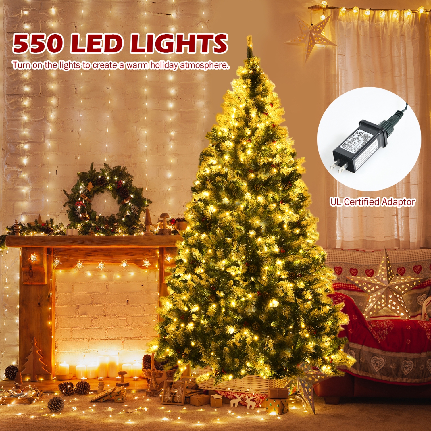 Pre-Lit Snow Flocked Christmas Tree with Red Berries and LED Lights, Festive Design