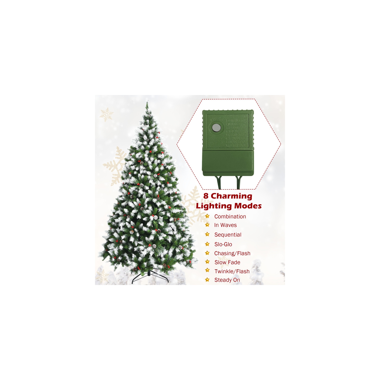 Pre-Lit Snow Flocked Christmas Tree with Red Berries and LED Lights, Festive Design