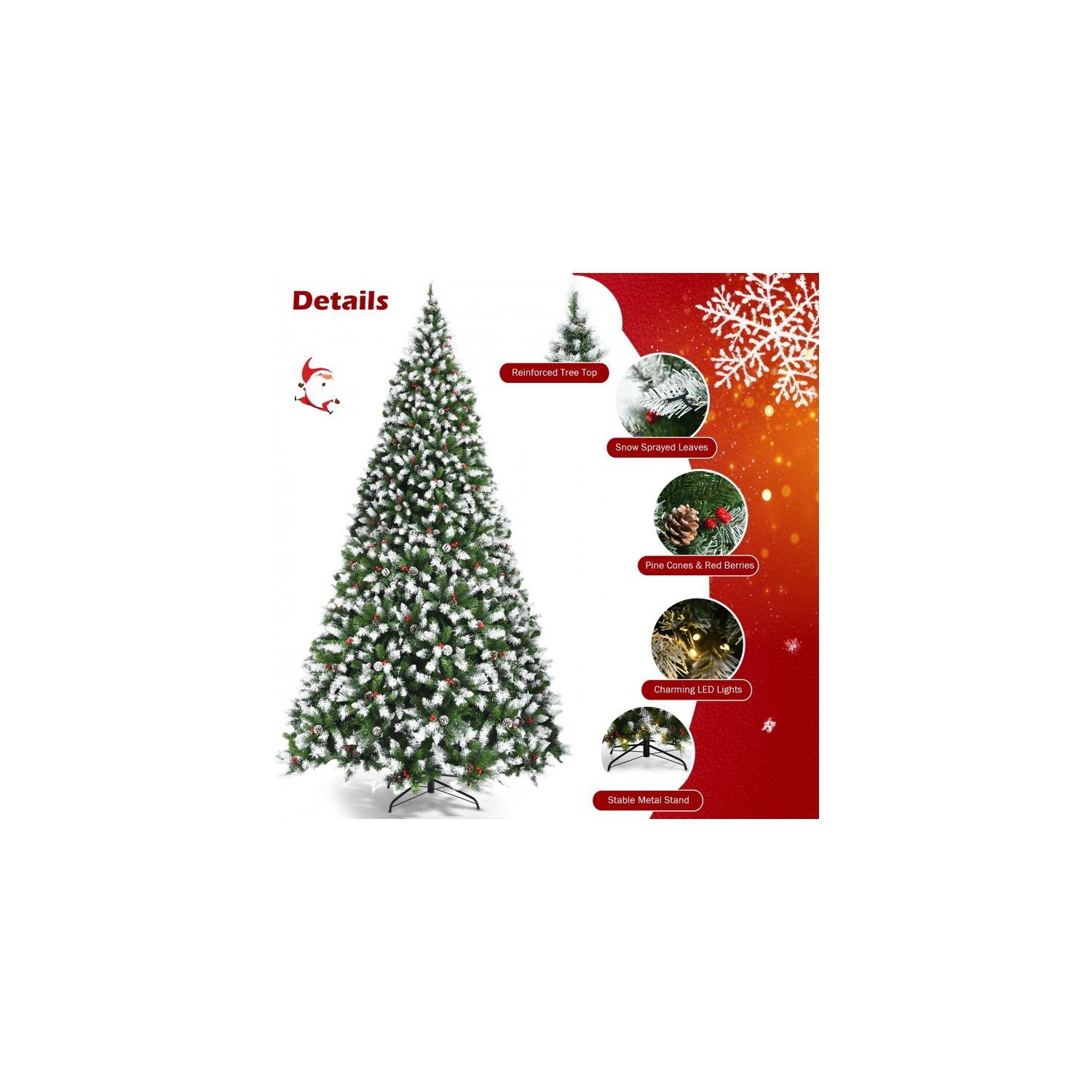 Pre-Lit Snow Flocked Christmas Tree with Red Berries and LED Lights, Festive Design