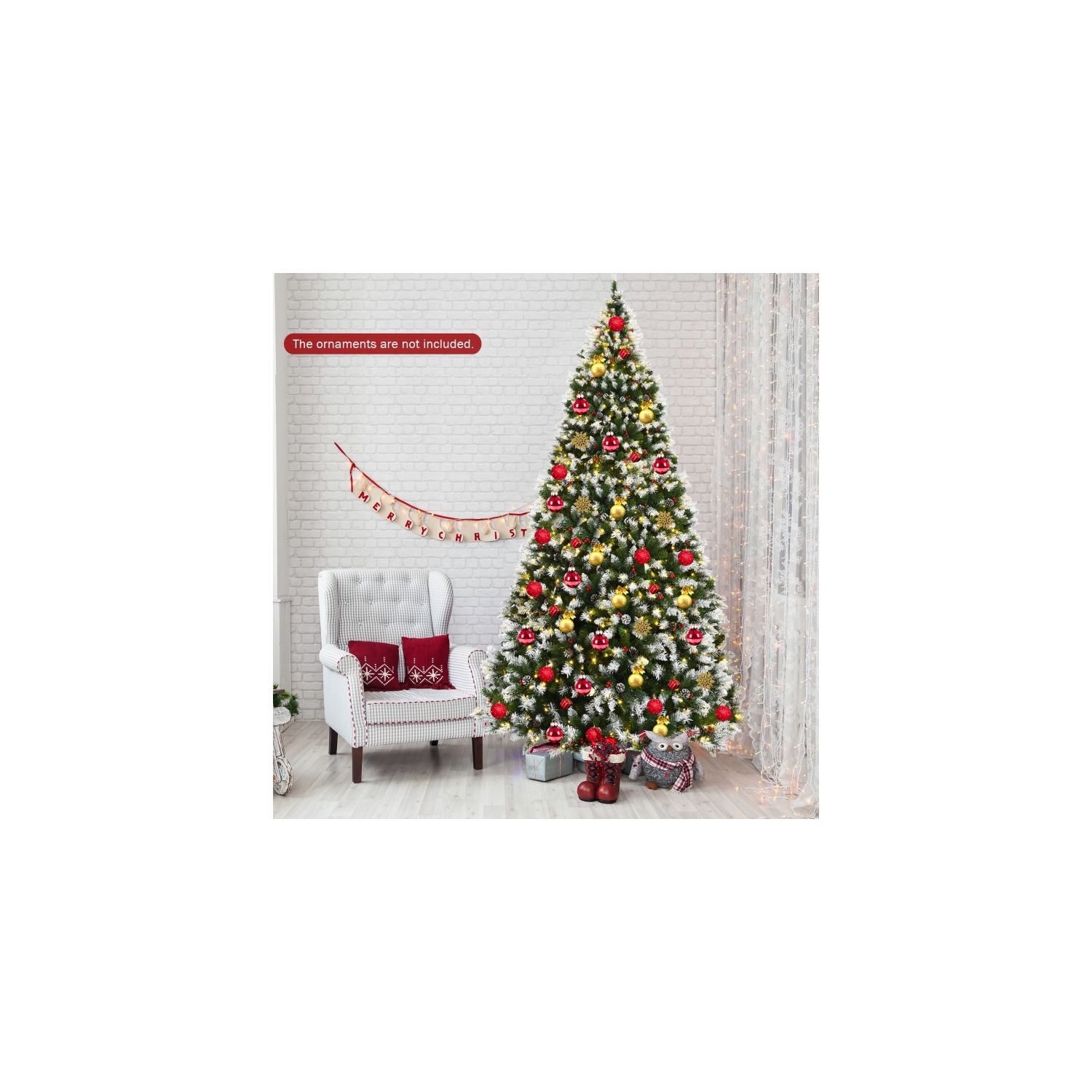 Pre-Lit Snow Flocked Christmas Tree with Red Berries and LED Lights, Festive Design