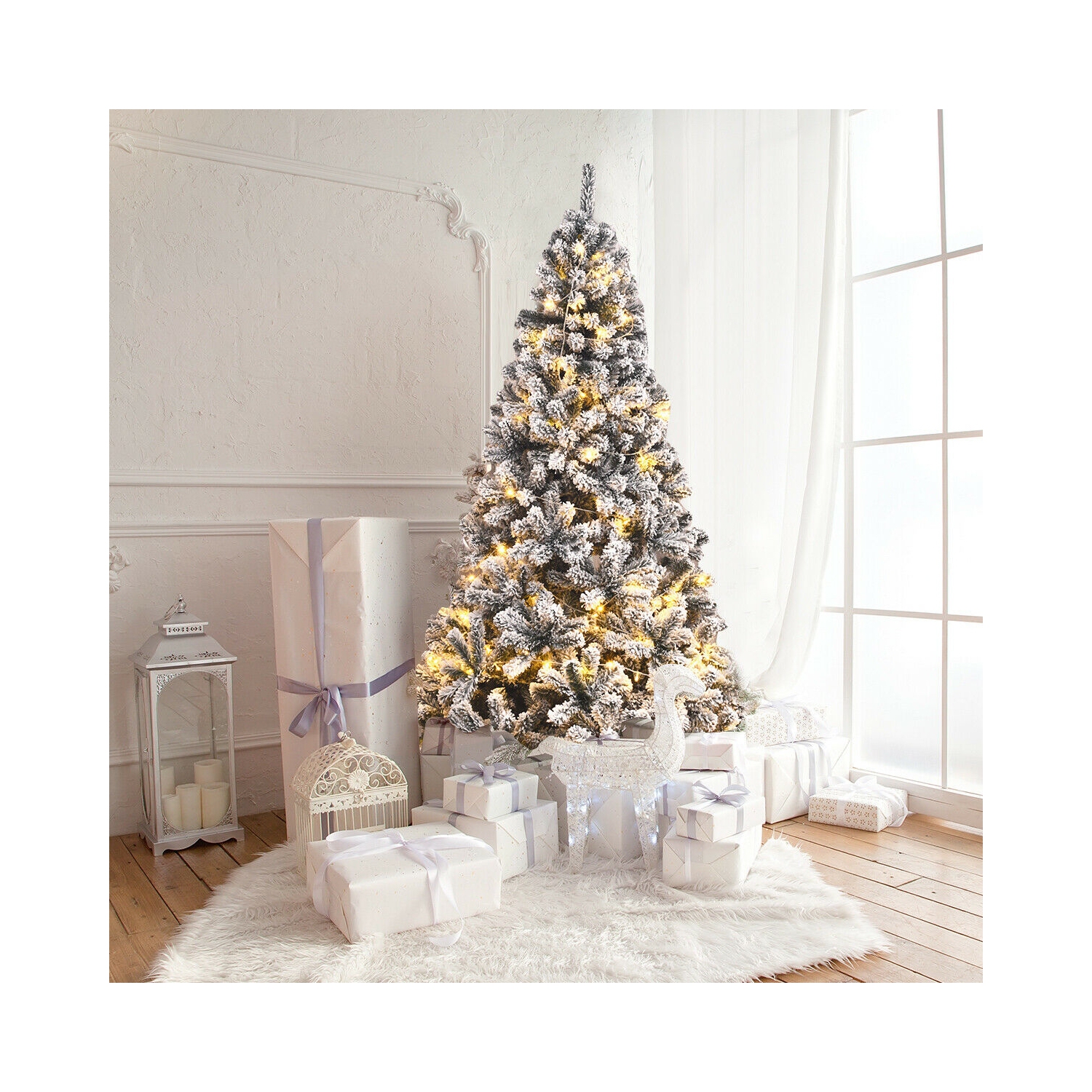Flocked Hinged Christmas Tree with Snow Decor and Metal Stand, Artificial Holiday Tree