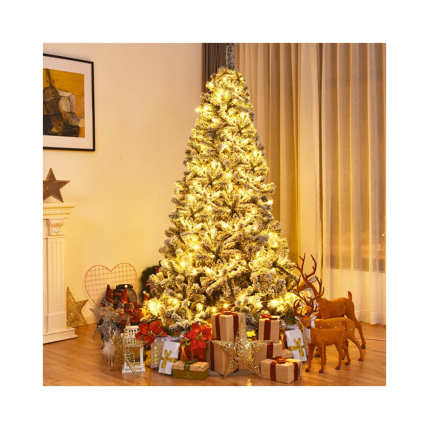 Flocked Hinged Christmas Tree with Snow Decor and Metal Stand, Artificial Holiday Tree