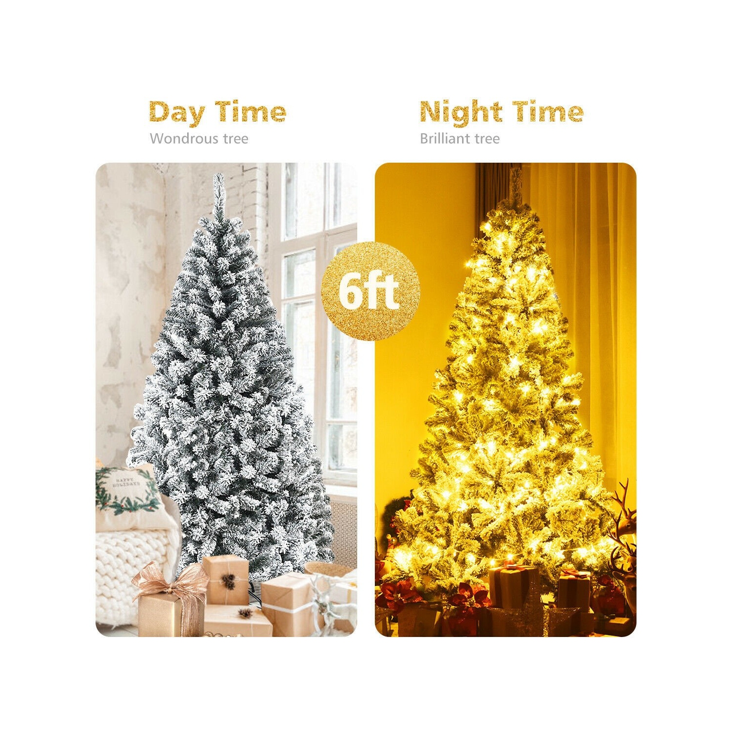 Flocked Hinged Christmas Tree with Snow Decor and Metal Stand, Artificial Holiday Tree