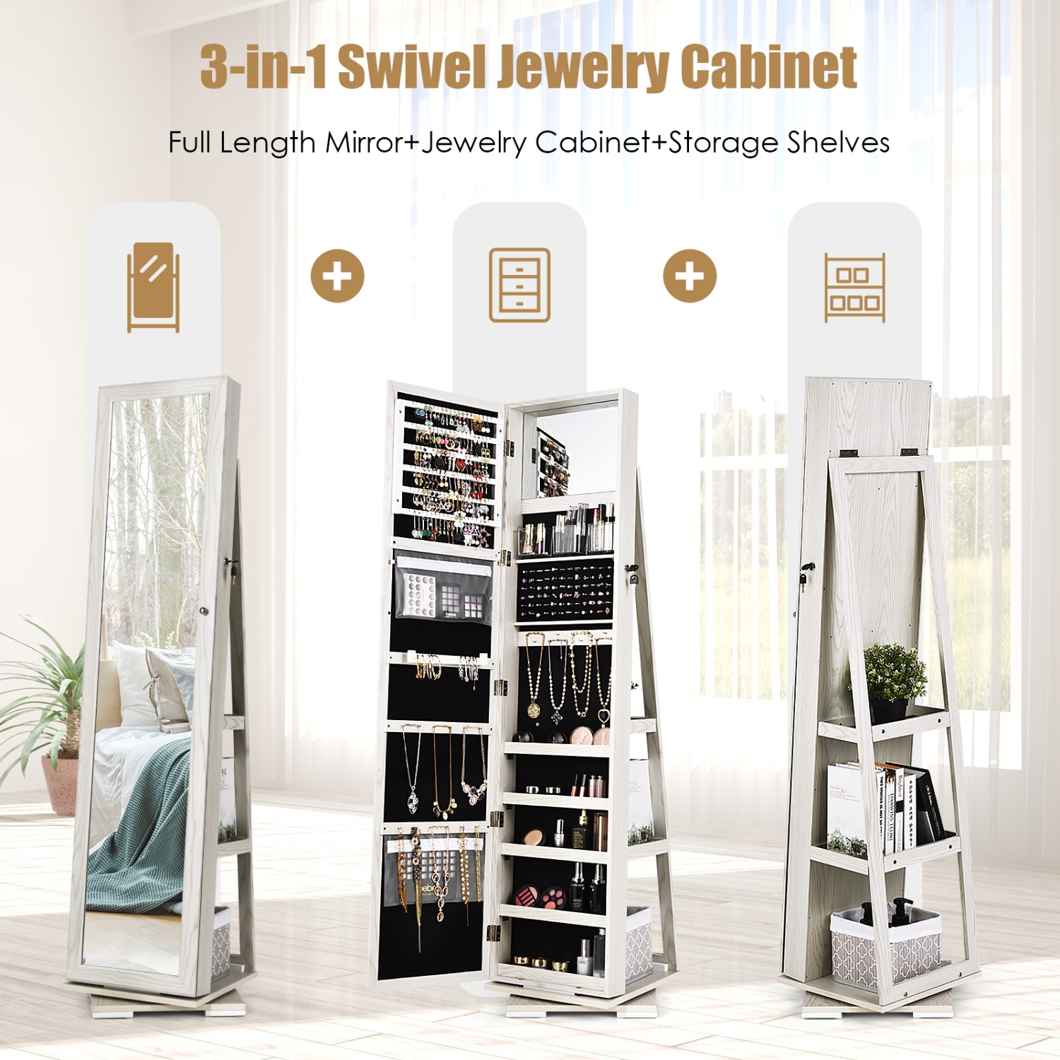 Armoire à bijoux 2-en-1 verrouillable avec rotation à 360° et miroir pleine longueur