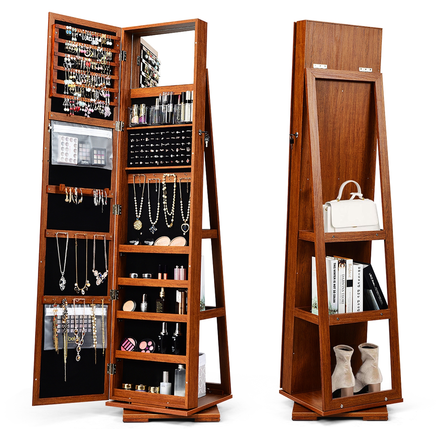 Armoire à bijoux 2-en-1 verrouillable avec rotation à 360° et miroir pleine longueur