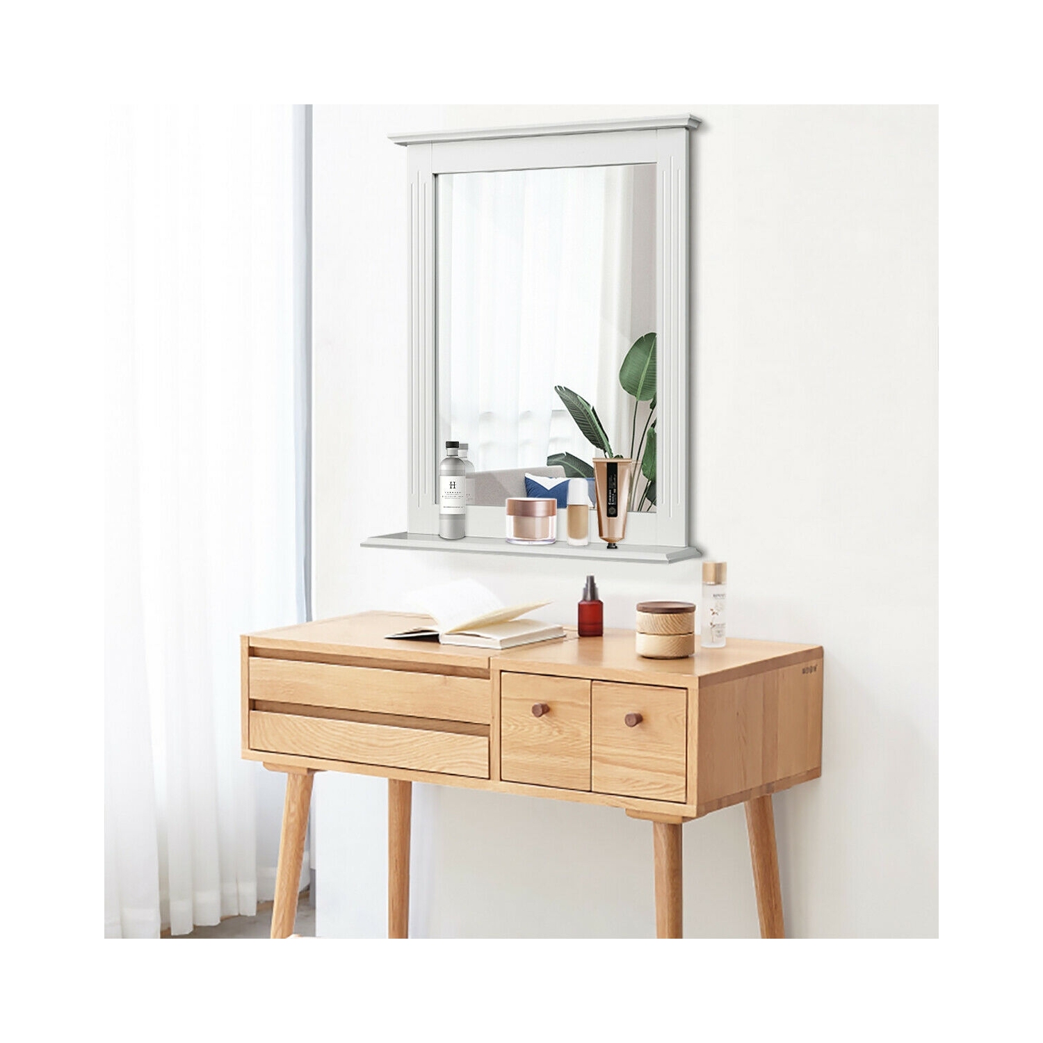 Space-saving vanity mirror with shelf, perfect for small bathrooms or bedrooms