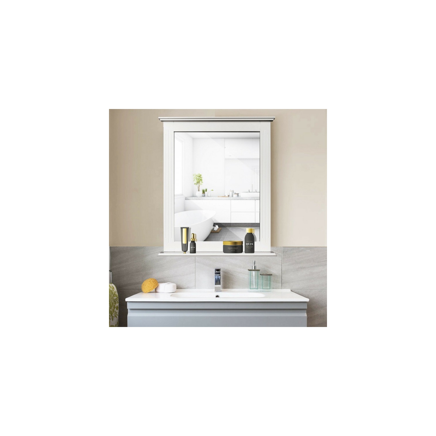 Space-saving vanity mirror with shelf, perfect for small bathrooms or bedrooms