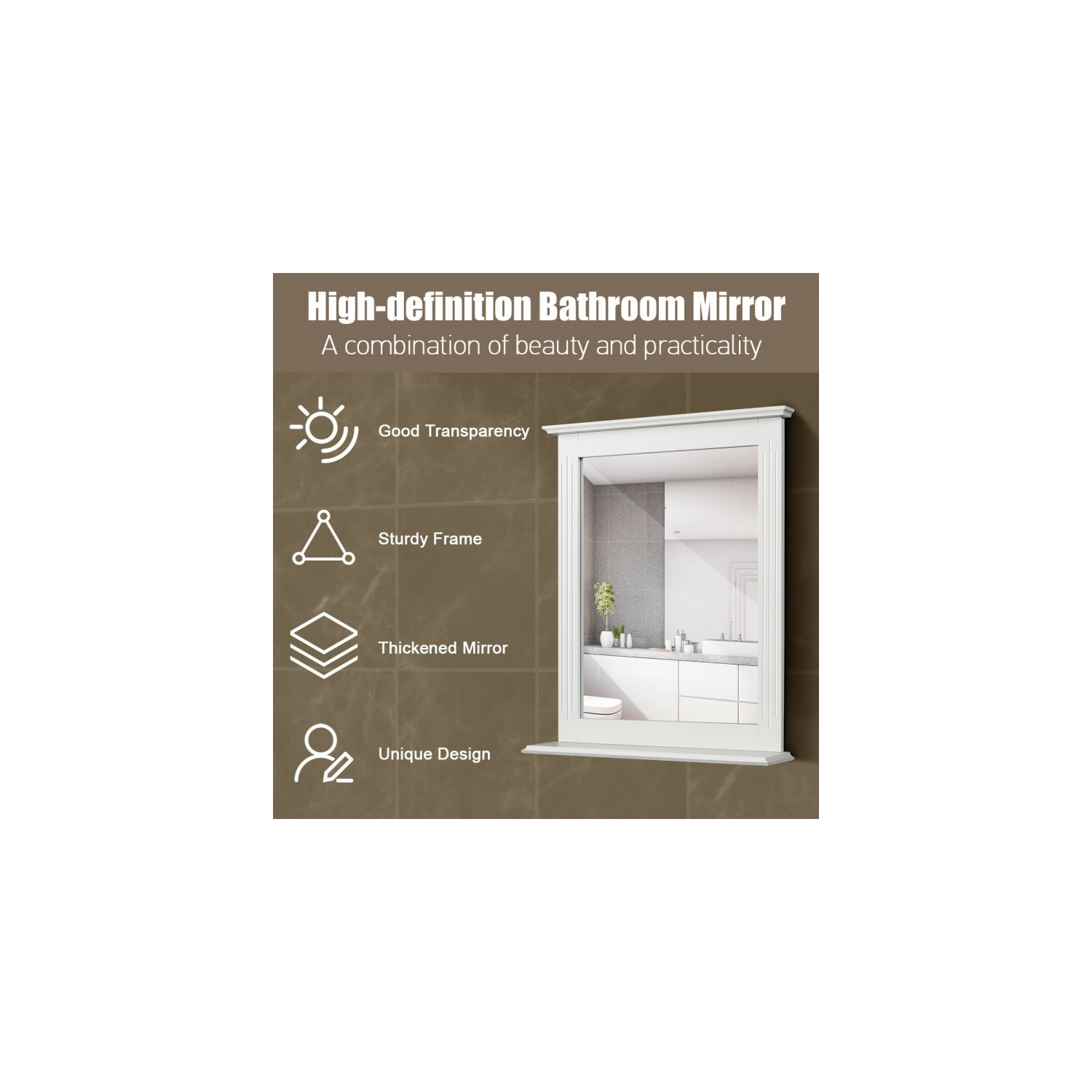 Space-saving vanity mirror with shelf, perfect for small bathrooms or bedrooms