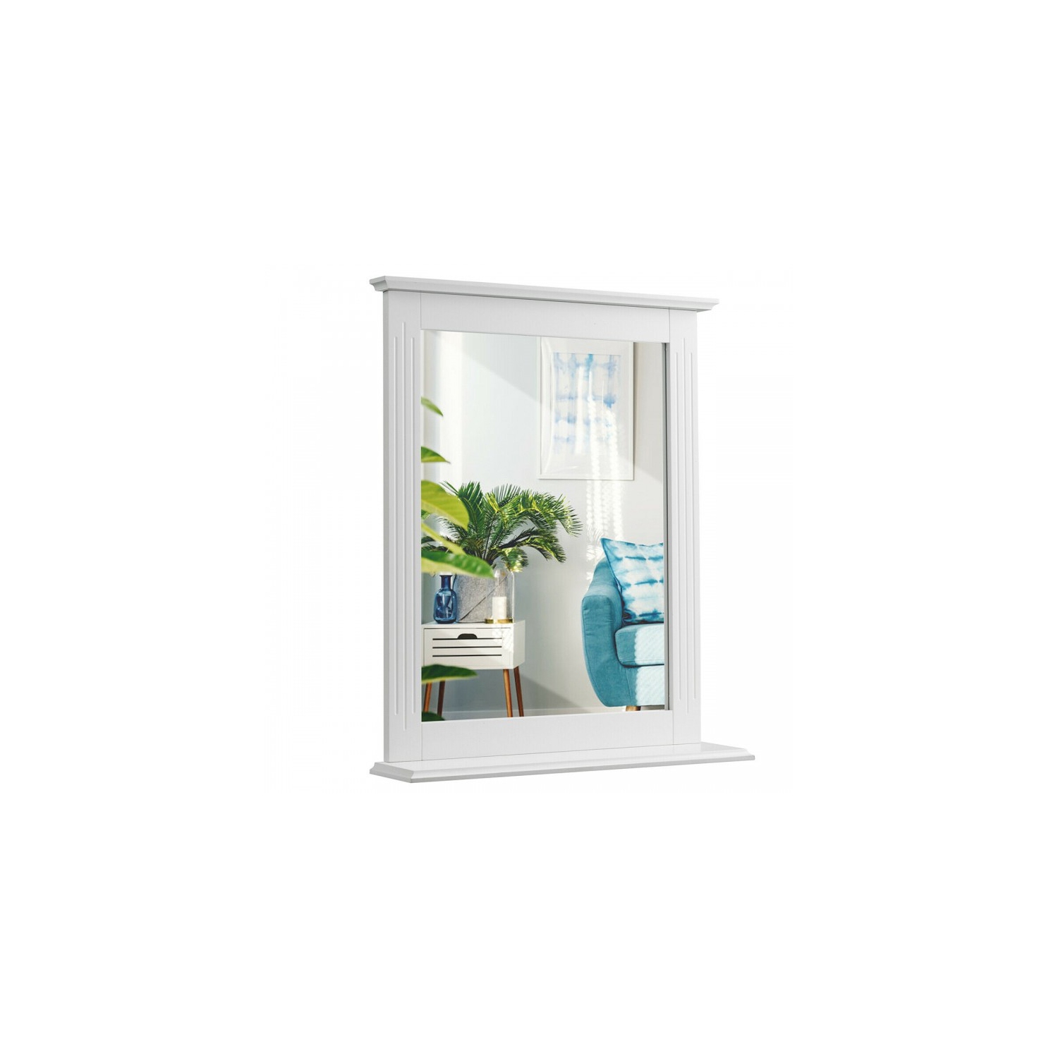 Space-saving vanity mirror with shelf, perfect for small bathrooms or bedrooms