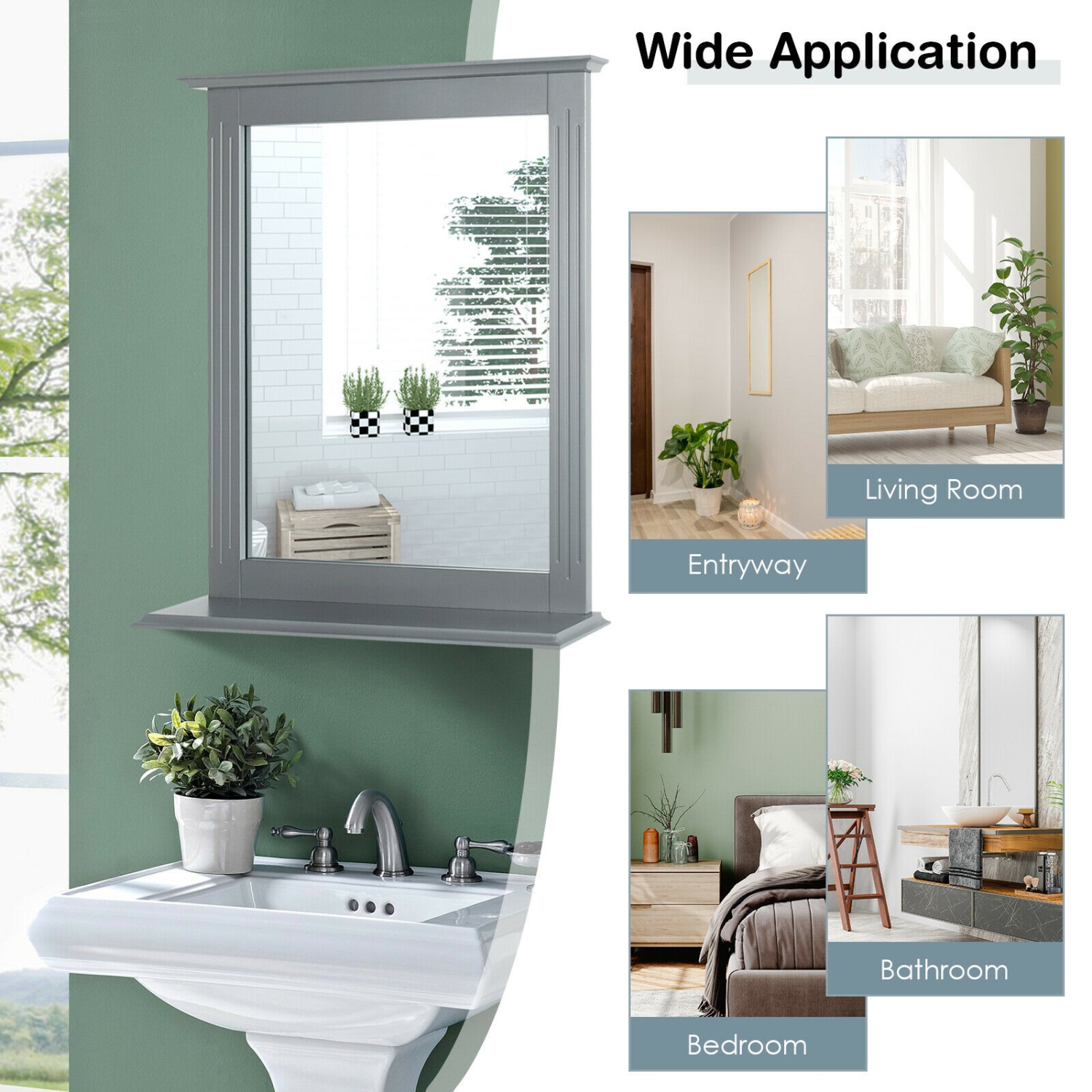 Miroir compact avec tablette, idéal pour les petites salles de bain ou les chambres à coucher