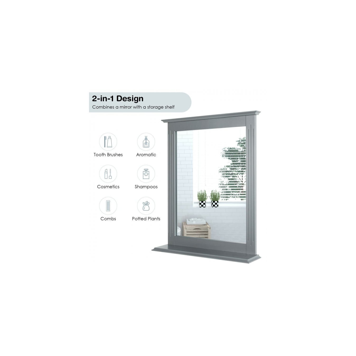 Miroir compact avec tablette, idéal pour les petites salles de bain ou les chambres à coucher