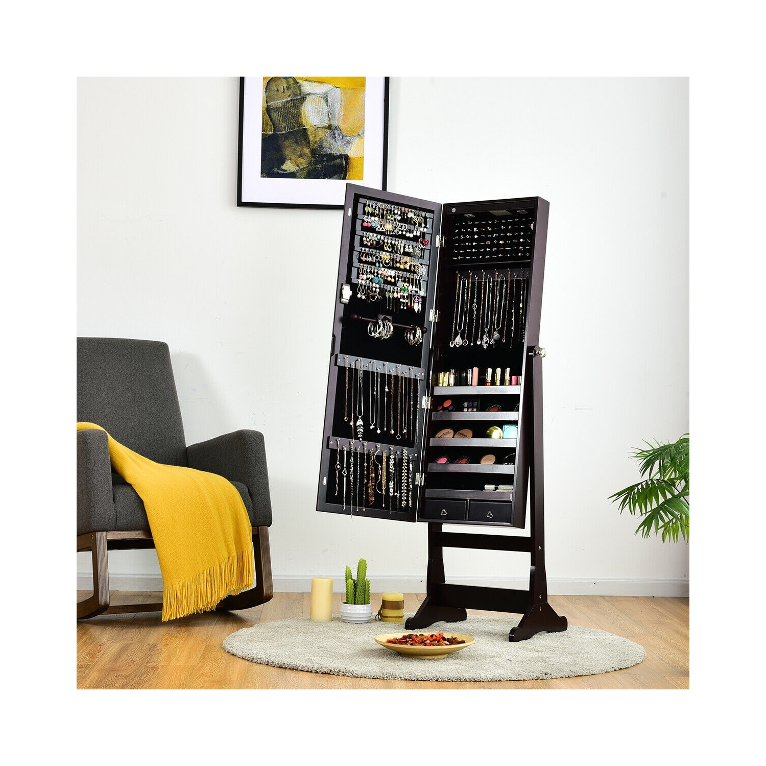 Lockable Mirrored Jewelry Cabinet with Stand and Led Lights-Brown