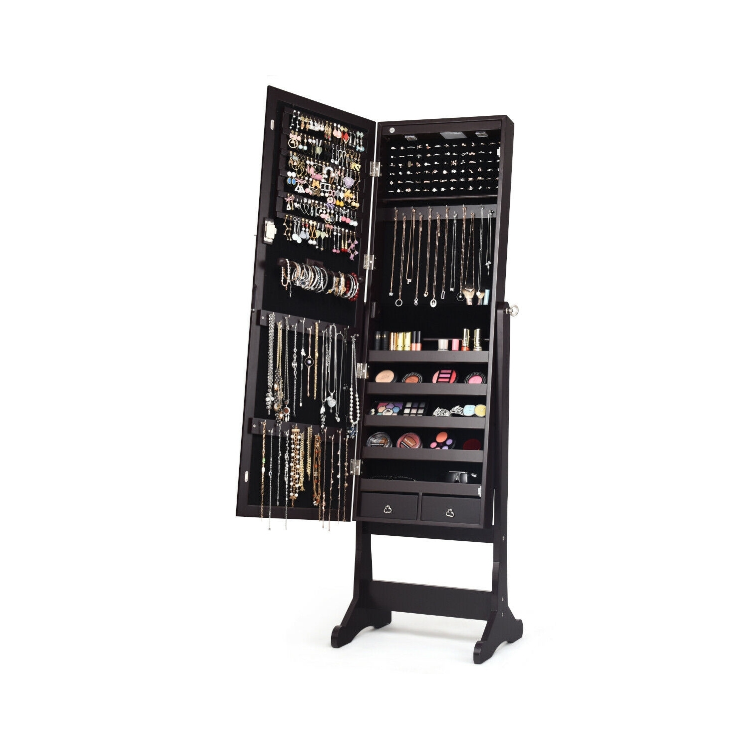 Lockable Mirrored Jewelry Cabinet with Stand and Led Lights-Brown