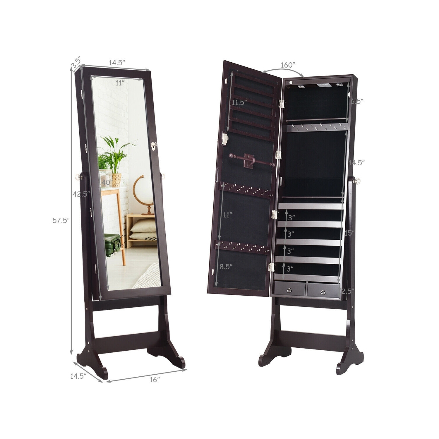 Lockable Mirrored Jewelry Cabinet with Stand and Led Lights-Brown