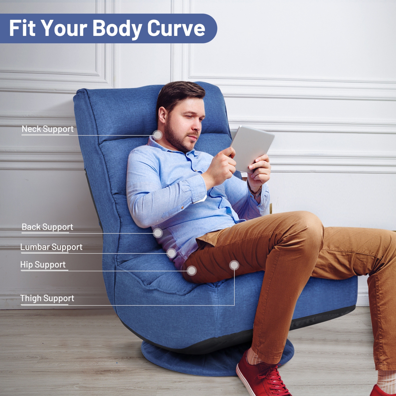 5-Position Folding Floor Gaming Chair-Navy