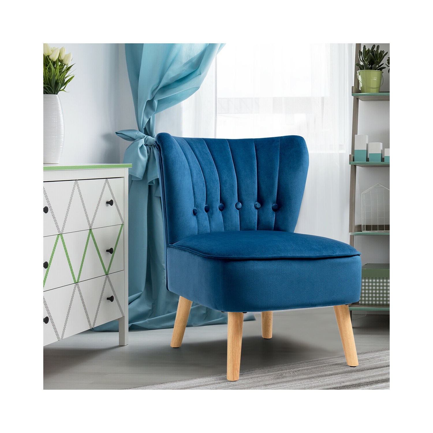 Armless Accent Chair Tufted Velvet Leisure Chair-Blue