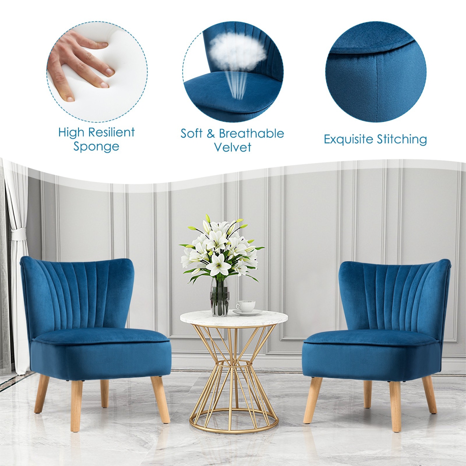 Armless Accent Chair Tufted Velvet Leisure Chair-Blue