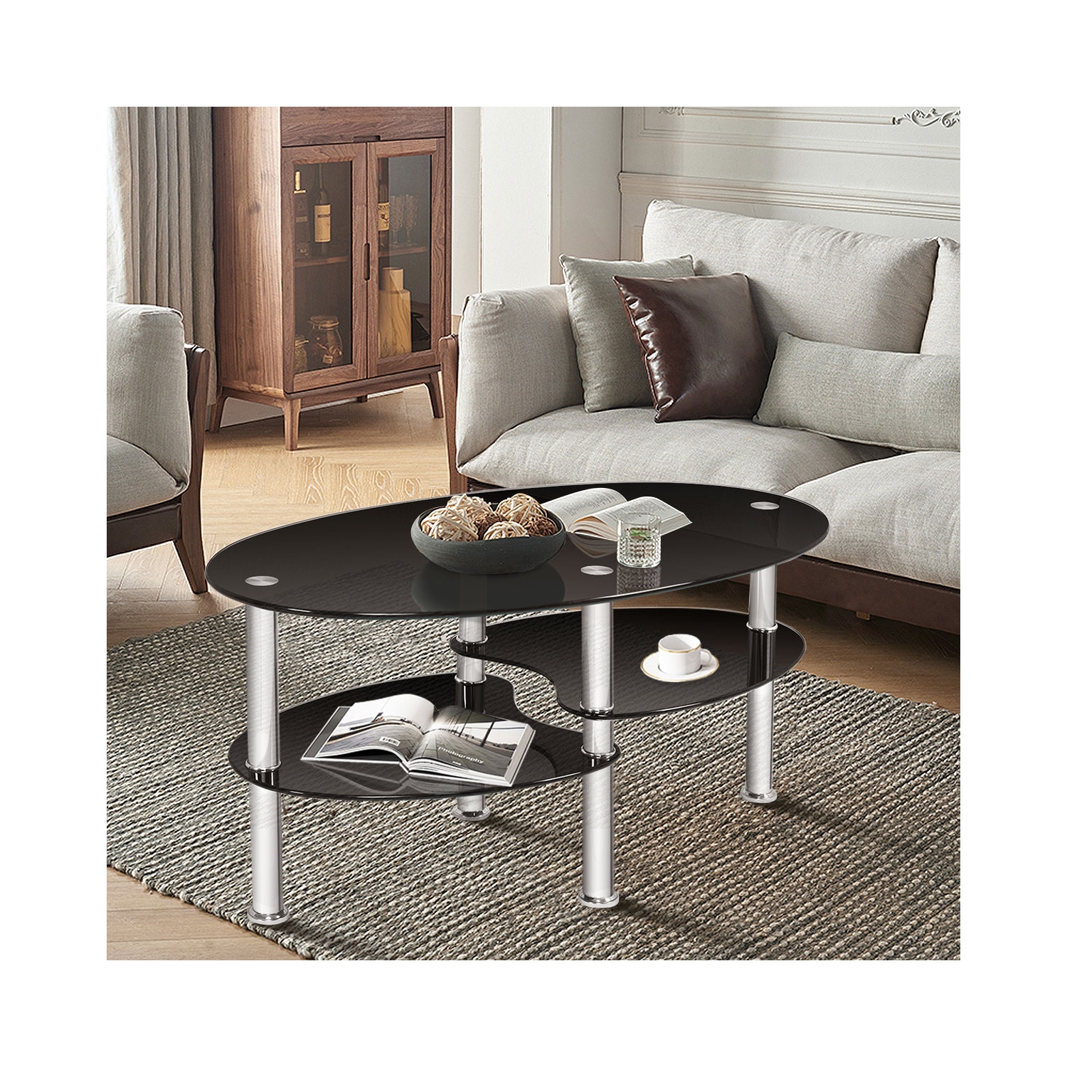 Tempered Glass Oval Side Coffee Table-Black