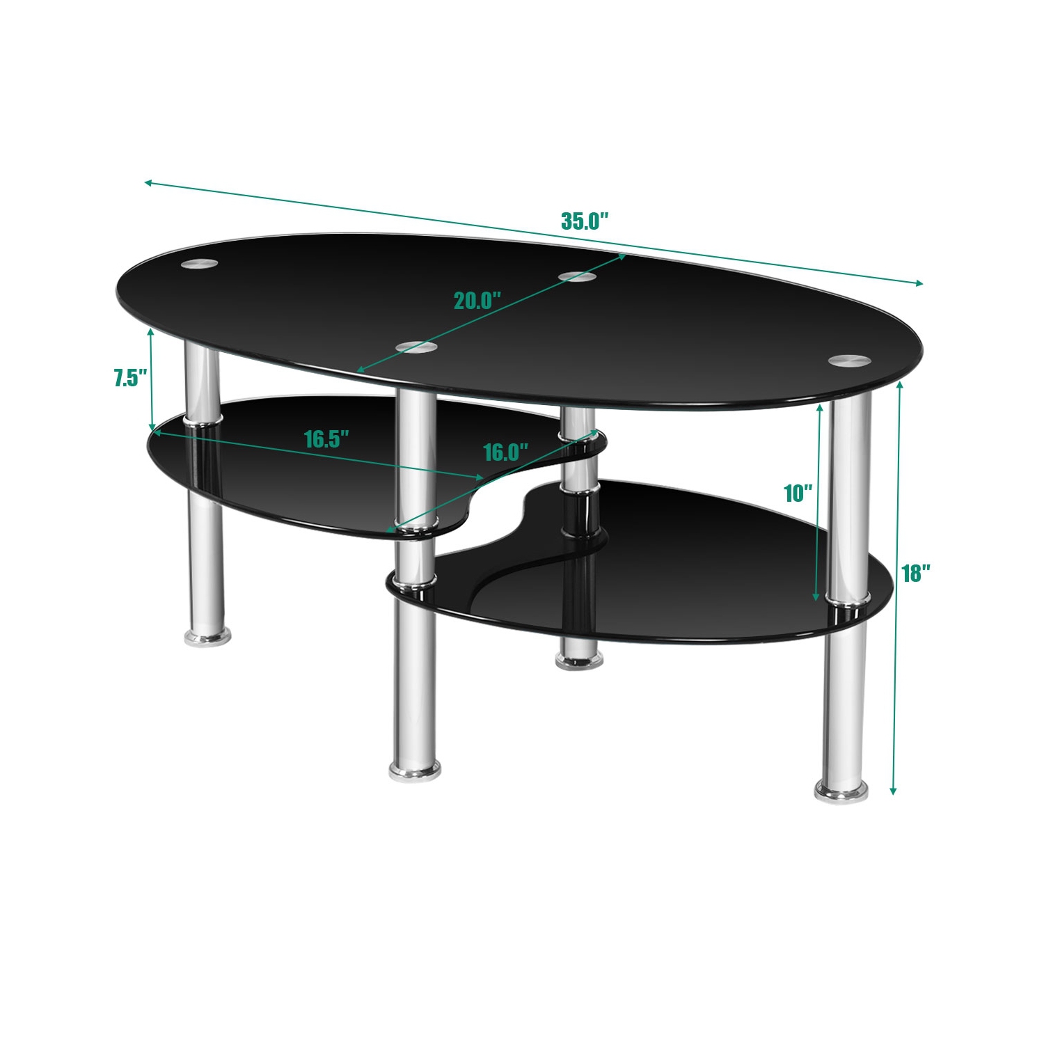 Tempered Glass Oval Side Coffee Table-Black