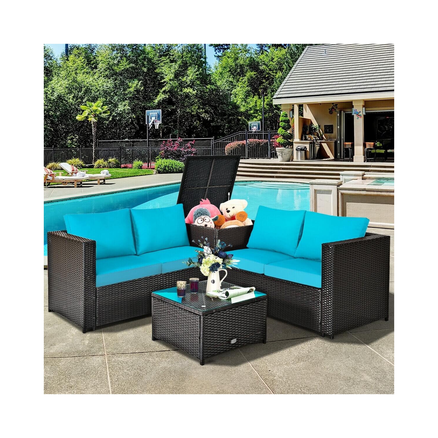 Ensemble de 4 meubles de patio en rotin avec causeuse coussinée et boîte de rangement