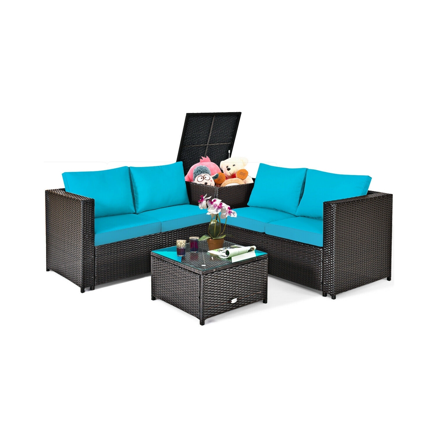 Ensemble de 4 meubles de patio en rotin avec causeuse coussinée et boîte de rangement