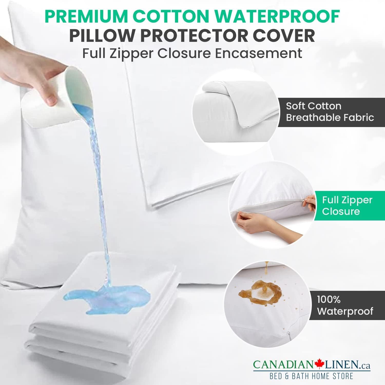 Canadian Linen Waterproof Pillow Protector Zippered Encasement, 20"x30" Queen, 2 pack, Soft Absorbent Breathable Bed Bug Proof Pillow Cover Hotels Spa