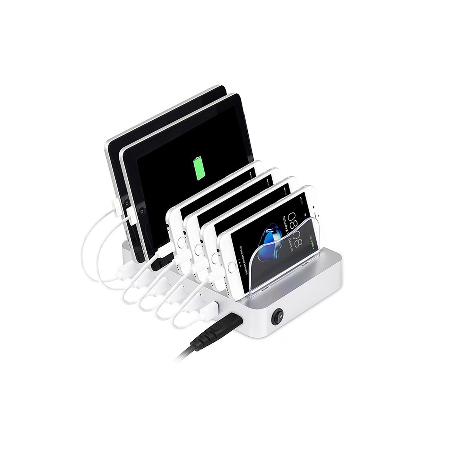 navor Multiple Device Charging Dock with 6 USB Ports and 6 Mix Short Cables, Multiport Fast Charging Station, Compatible with iPhone, iPad, Android, Tablets and More -Silver
