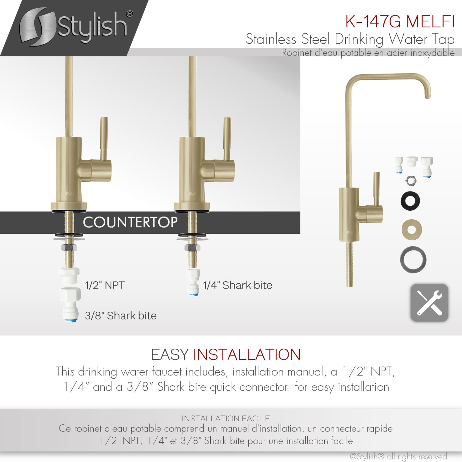 STYLISH Kitchen Sink Drinking Water Tap Faucet Stainless Steel, Brushed Gold Finish K-147G