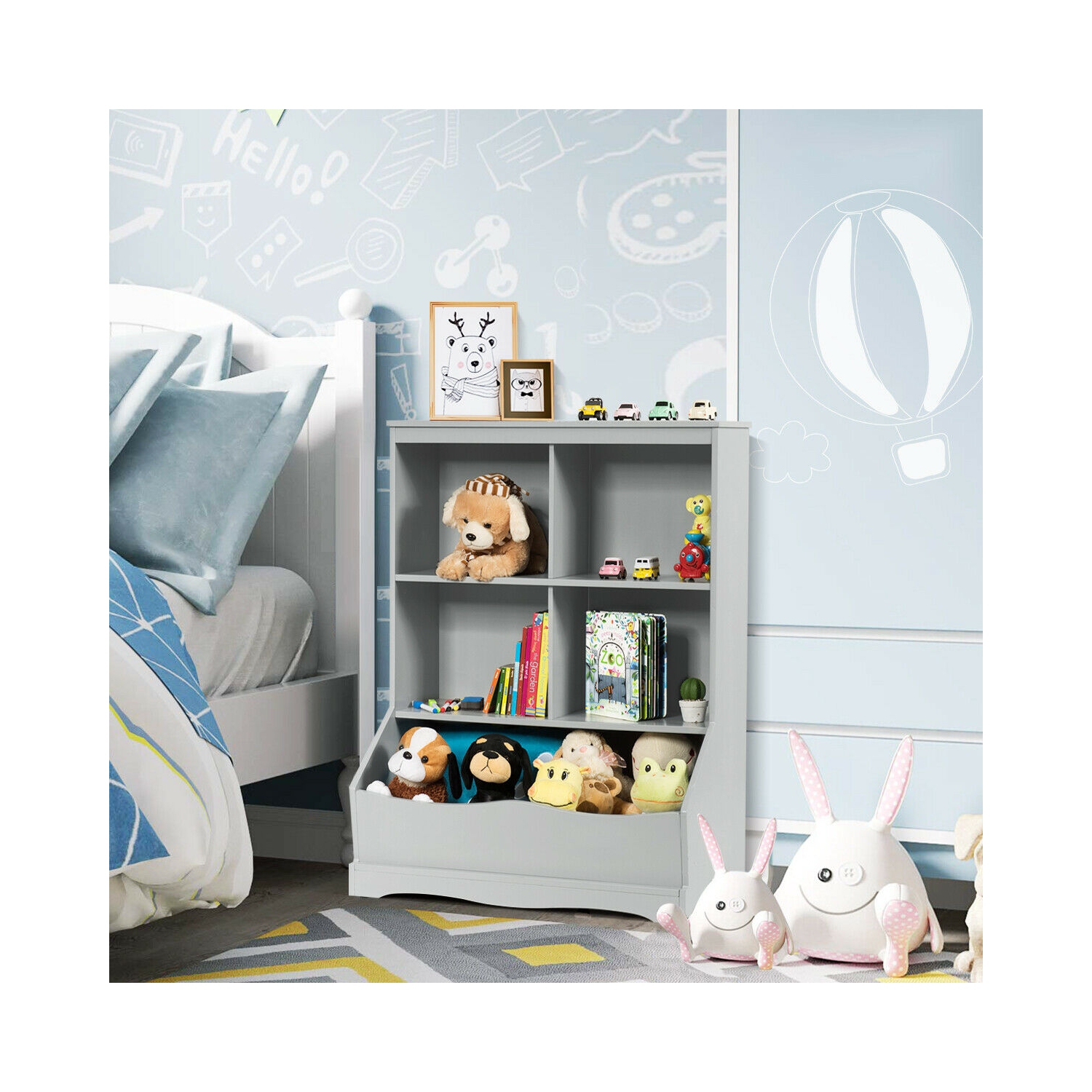 Kids 3-Tier Bookcase with Storage Bins and Multi-Functional Cabinet