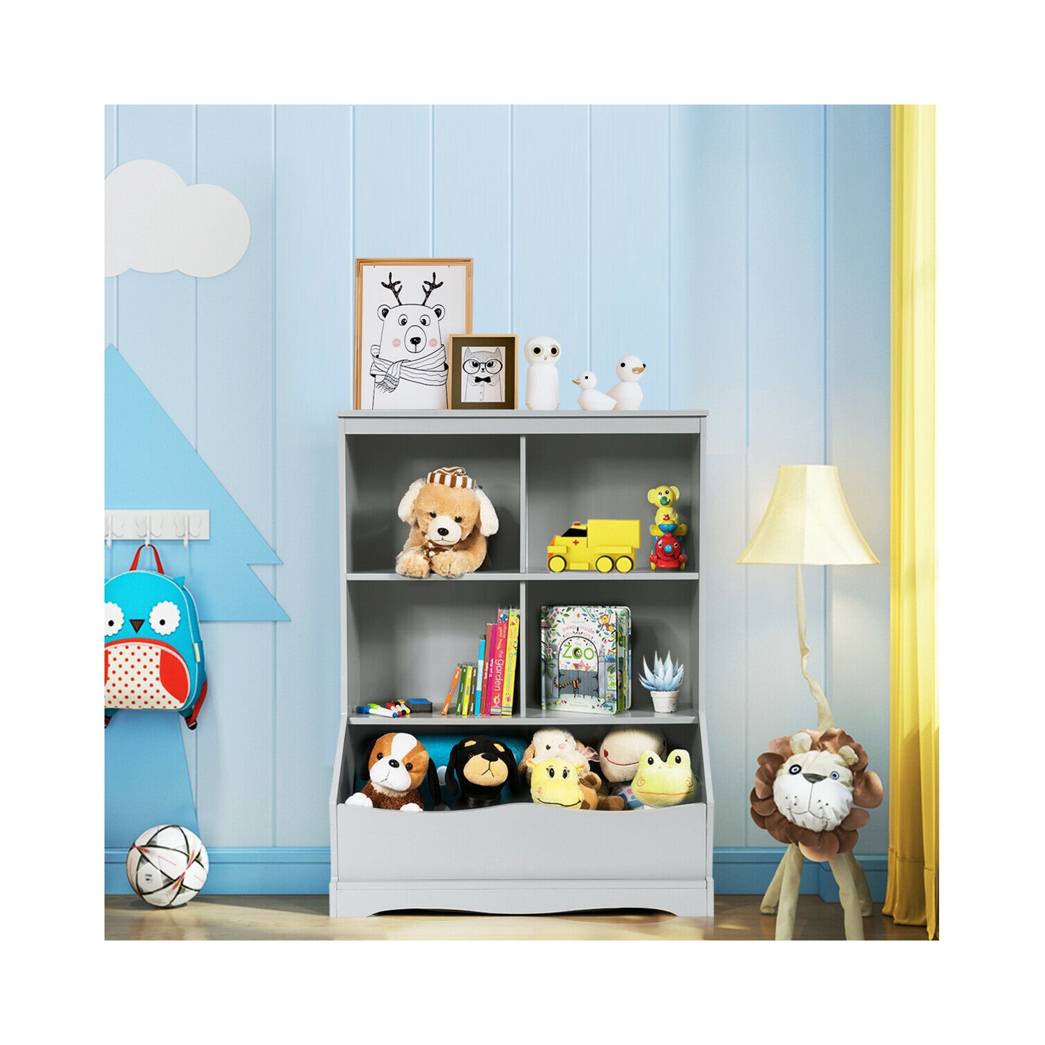Kids 3-Tier Bookcase with Storage Bins and Multi-Functional Cabinet