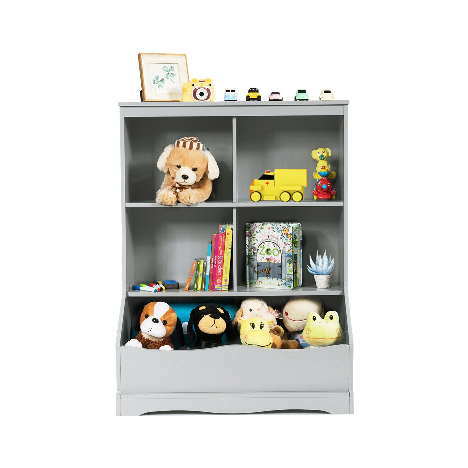 Kids 3-Tier Bookcase with Storage Bins and Multi-Functional Cabinet