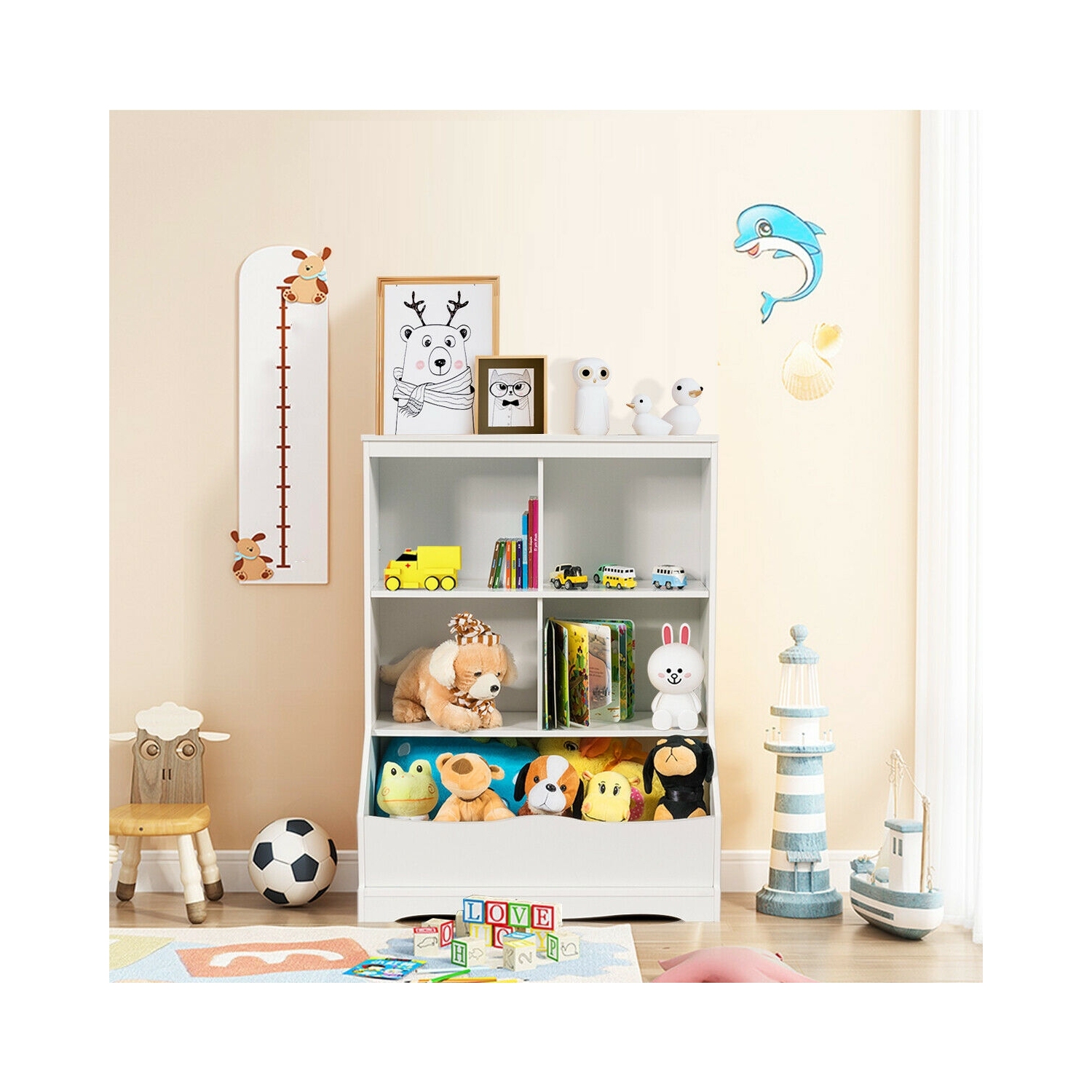 Bibliothèque à 3 niveaux pour enfants avec bacs de rangement et armoire multifonction