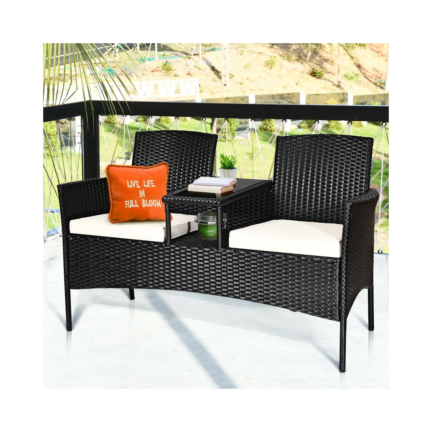 Ensemble de patio en rotin avec siège de canapé-lit, blanc