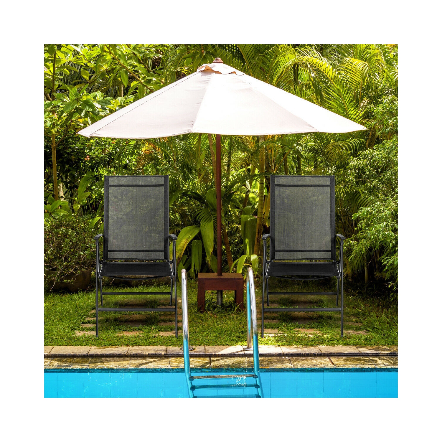 Set of 2 Adjustable Portable Patio Folding Dining Chair Recliner -Black