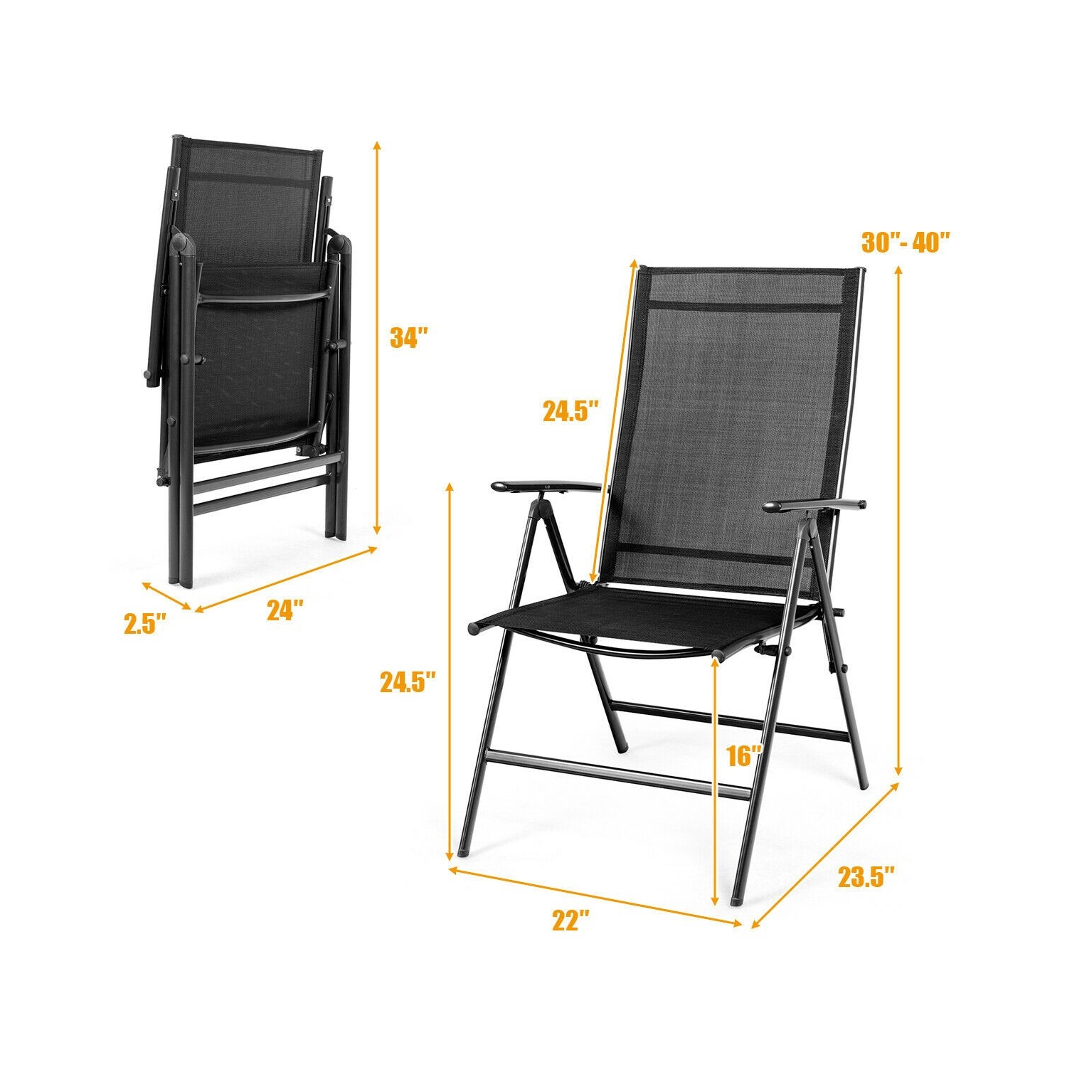 Set of 2 Adjustable Portable Patio Folding Dining Chair Recliner -Black